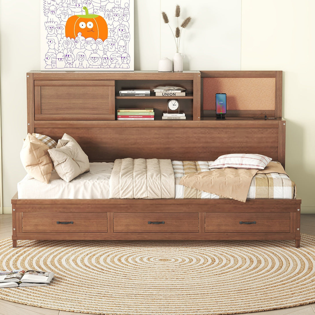 Twin Size Wooden Daybed With 3 Storage Drawers, Upper Soft Board, Shelf, And A Set Of Sockets And Usb Ports, Brown Brown Solid Wood Mdf