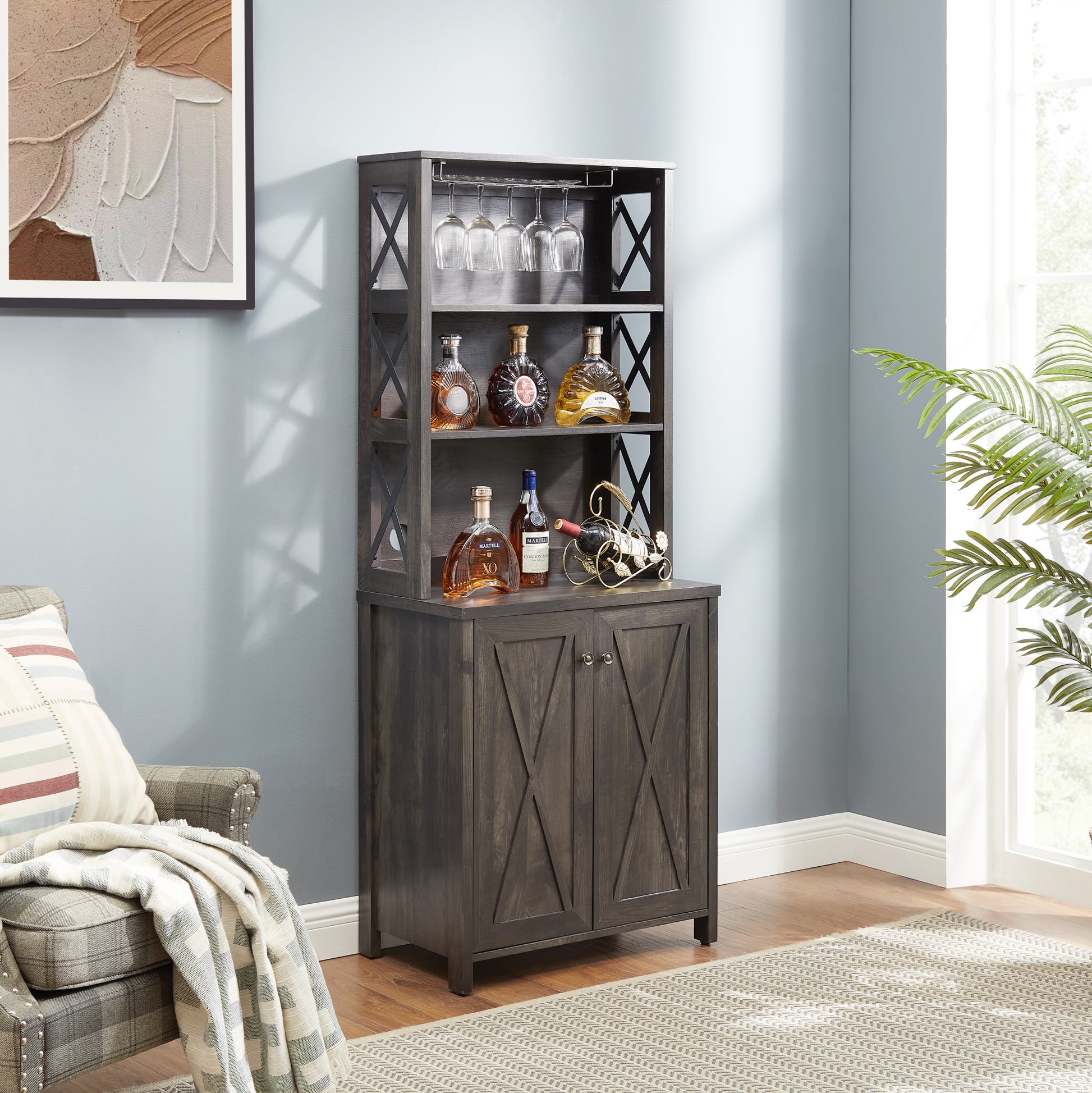 Coffee Bar Cabinet Kitchen Cabinet With Microwave Stand Metal Frame Side Home Source Bar Cabinet Cabinet And Hollow Out Barn Design Wood Cabinet L26.77''*W15.75''*H67.32'' Charcoal Gray Charcoal Grey Cabinets Included Mdf