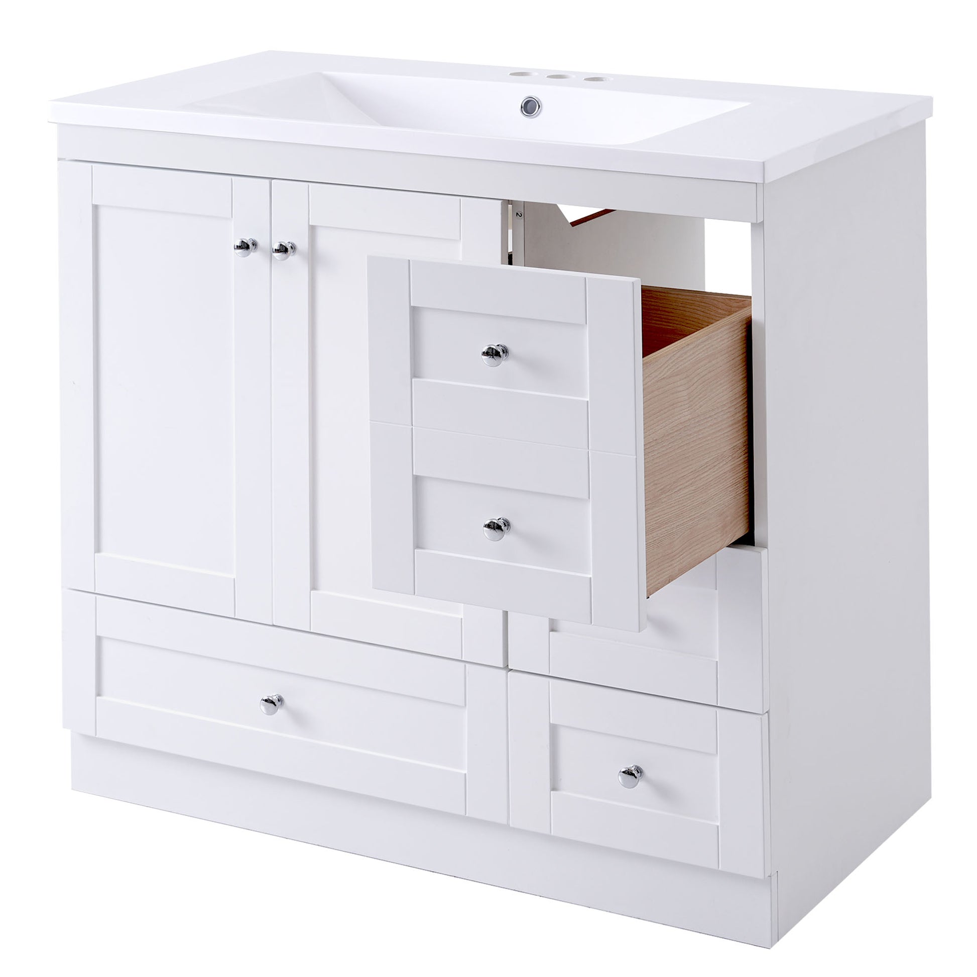 Video 36 Inch Shaker Style Free Standing Bathroom Vanity Cabinet With Sink, 4 Soft Close Drawers And 2 Soft Close Doors White Mdf