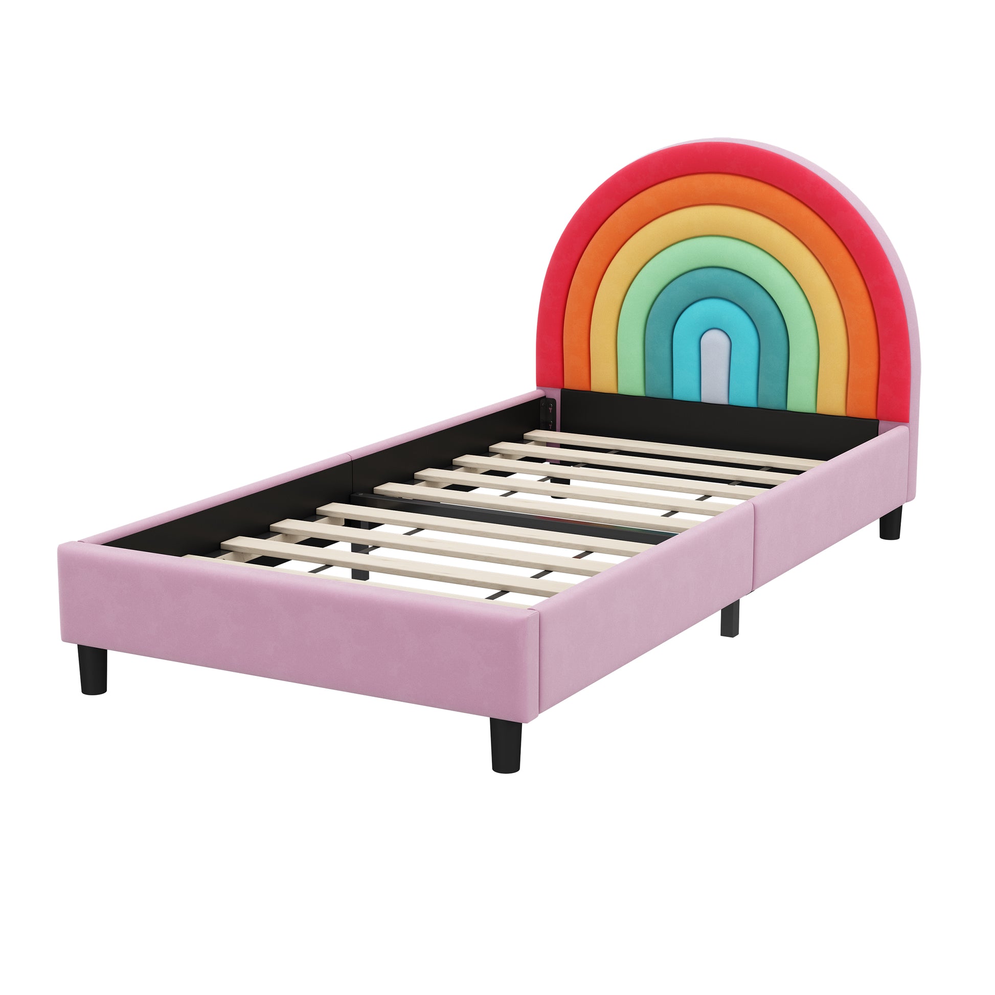 Rainbow Design Upholstered Twin Platform Bed Cute Style Princess Bed For Boys & Girls, Teens, Colorful & Pink Box Spring Not Required Twin Colorful Wood Bed Frame Velvet Velvet