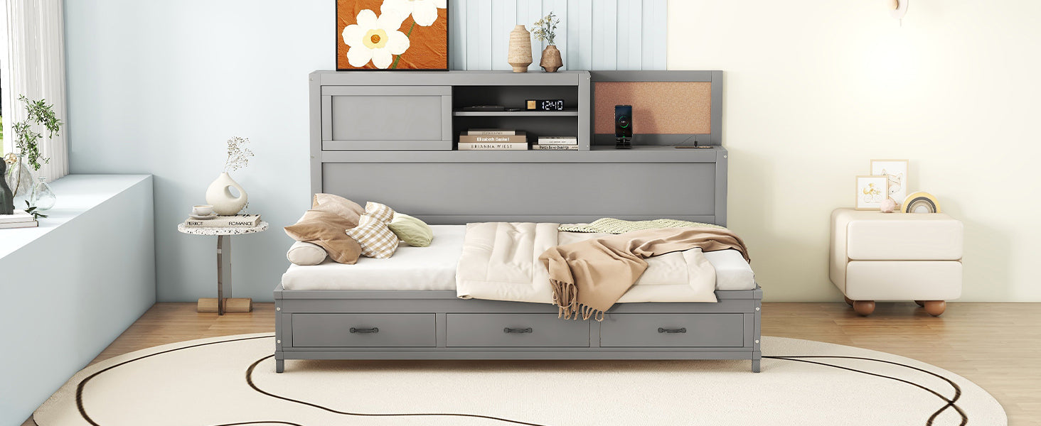 Full Size Wooden Daybed With 3 Storage Drawers, Upper Soft Board, Shelf, And A Set Of Sockets And Usb Ports, Gray Gray Solid Wood Mdf