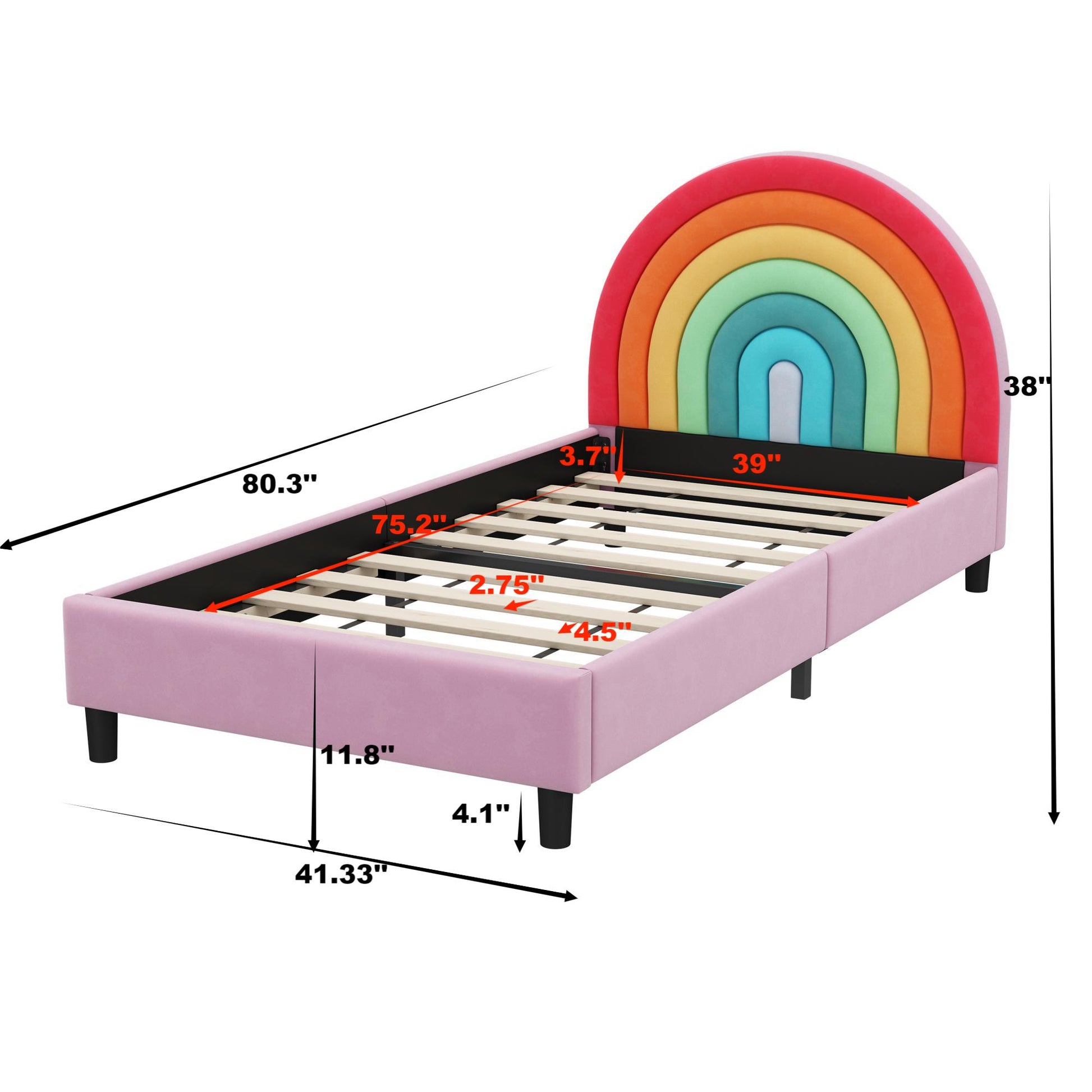 Rainbow Design Upholstered Twin Platform Bed Cute Style Princess Bed For Boys & Girls, Teens, Colorful & Pink Box Spring Not Required Twin Colorful Wood Bed Frame Velvet Velvet