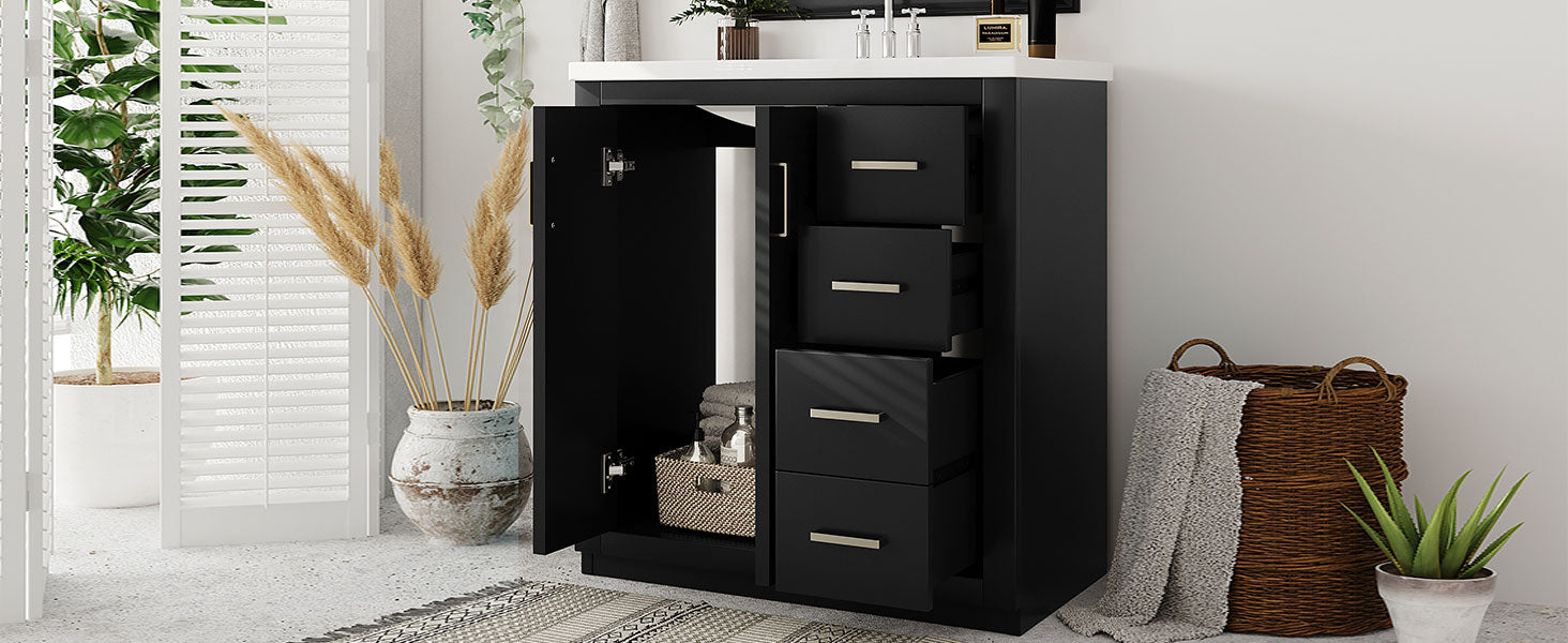 30'' Bathroom Vanity With Resin Sink Combo,Solid Wood Frame Bathroom Storage Cabinet, Freestanding Vanity Set With 3 Drawers& Soft Closing Doors Same As Sw000120Aab Black Bathroom Solid Wood Mdf