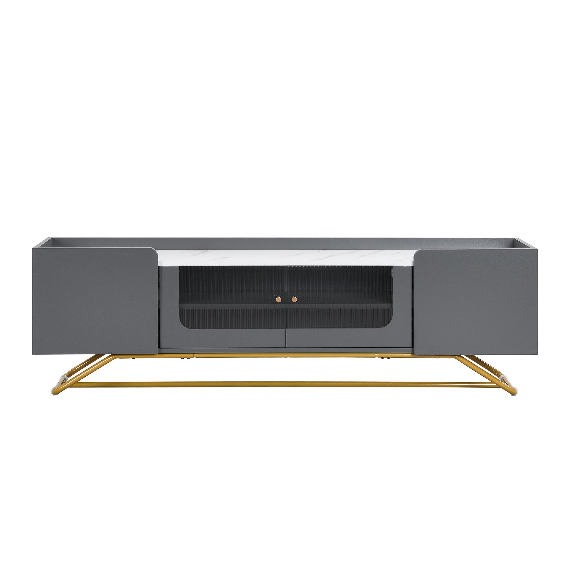 Sleek Design Tv Stand With Fluted Glass, Contemporary Entertainment Center For Tvs Up To 70", Faux Marble Top Tv Console Table With Gold Frame Base, Grey Grey Primary Living Space 70 79 Inches 70 79 Inches Modern 70 Inches Particle Board