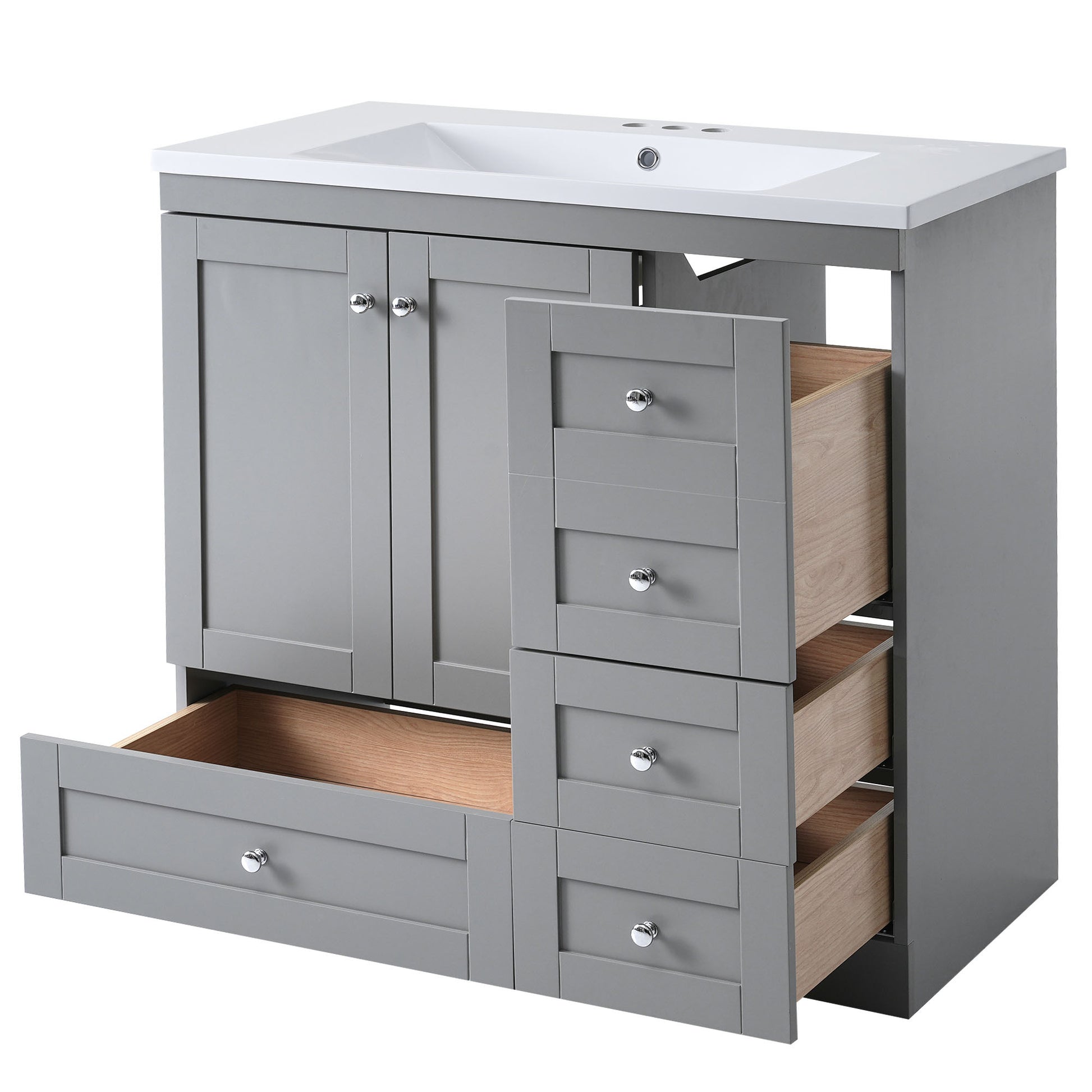 Video 36 Inch Shaker Style Free Standing Bathroom Vanity Cabinet With Sink, 4 Soft Close Drawers And 2 Soft Close Doors Gray Mdf