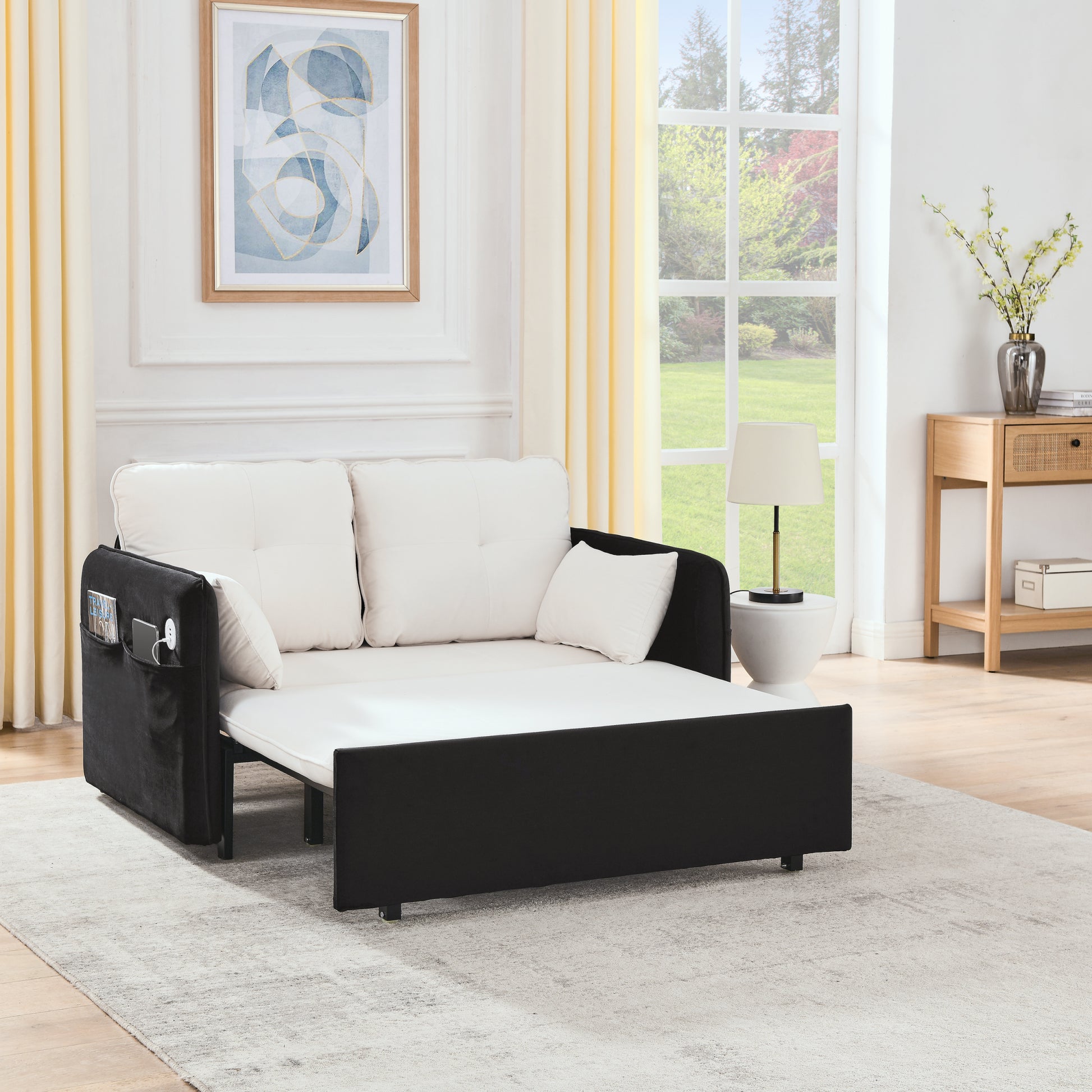53" Modern Convertible Sofa Bed W 2 Removable Armrests W Usb Power Port, Velvet Recliner Adjustable Sofa W Head Pull Out Bed, 2 Pillows, For Living Room Apartment Etc., White Black Beige Black Foam Velvet