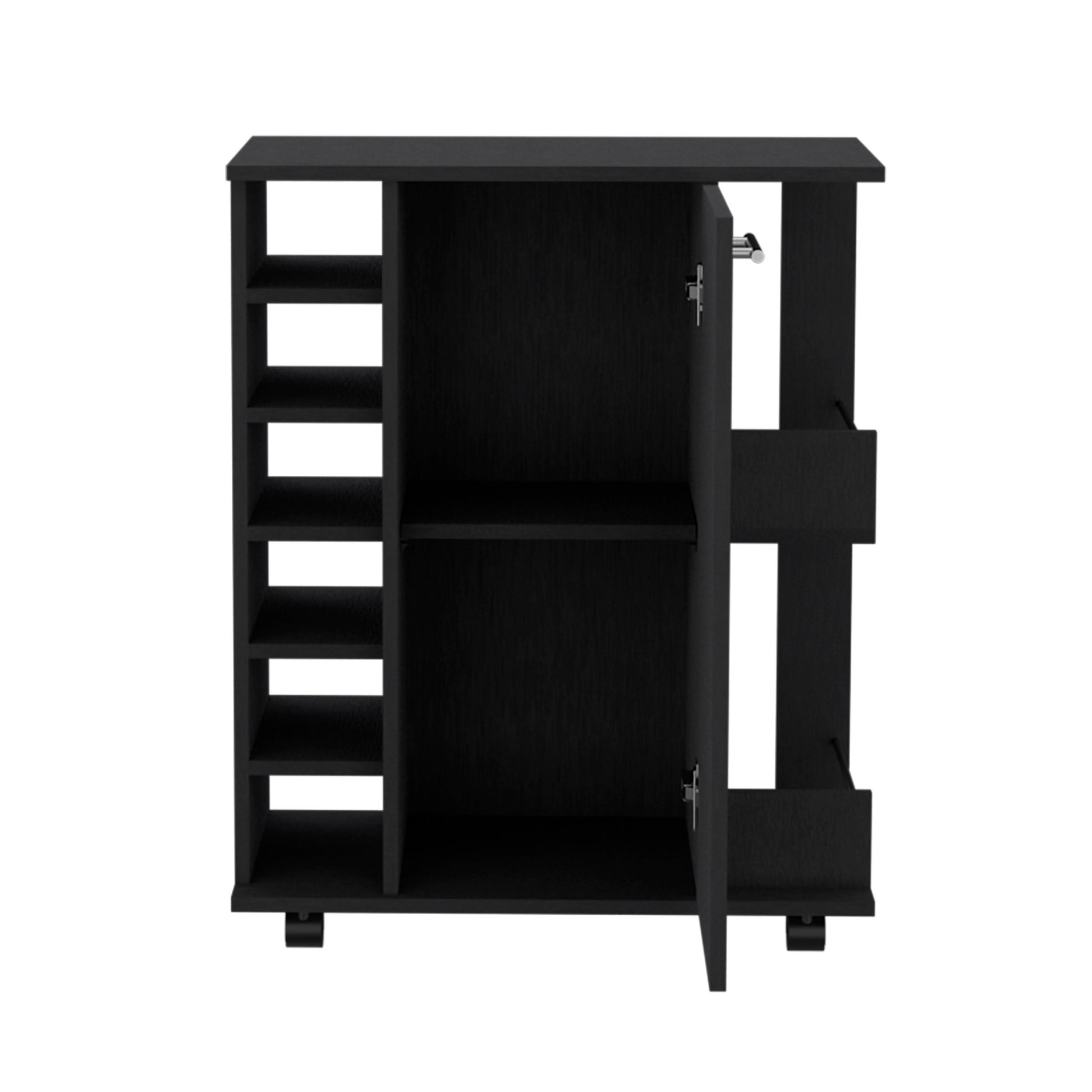 Black 4 Wheel Bar Cart Cabinet For Kitchen Or Living Room, With 6 Side Built In Bottle Racks, 1 Interior Shelve, 2 Side Shelves, 2 Space With Wood Door To Store Glasses, Cups, Coffee Or Snacks Black Particle Board Engineered Wood