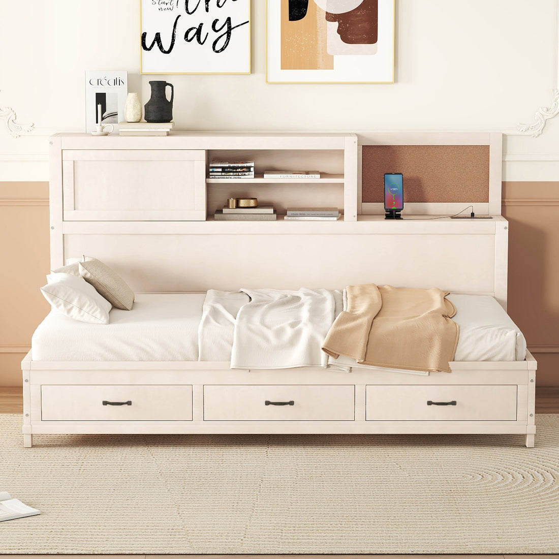 Twin Size Wooden Daybed With 3 Storage Drawers, Upper Soft Board, Shelf, And A Set Of Sockets And Usb Ports, White White Solid Wood Mdf