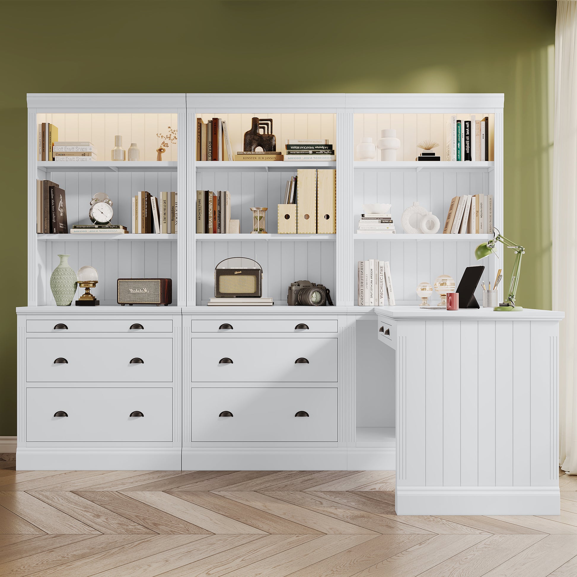 83.4"Tall 2 Bookshelf & 1 Writting Desk Suite,Modern Bookcase Suite With Led Lighting, Drawers,Study Desk And Open Shelves,3 Piece Set Storage Bookshelf For Living Room,Home Office,Study Room,White White Solid Wood Mdf