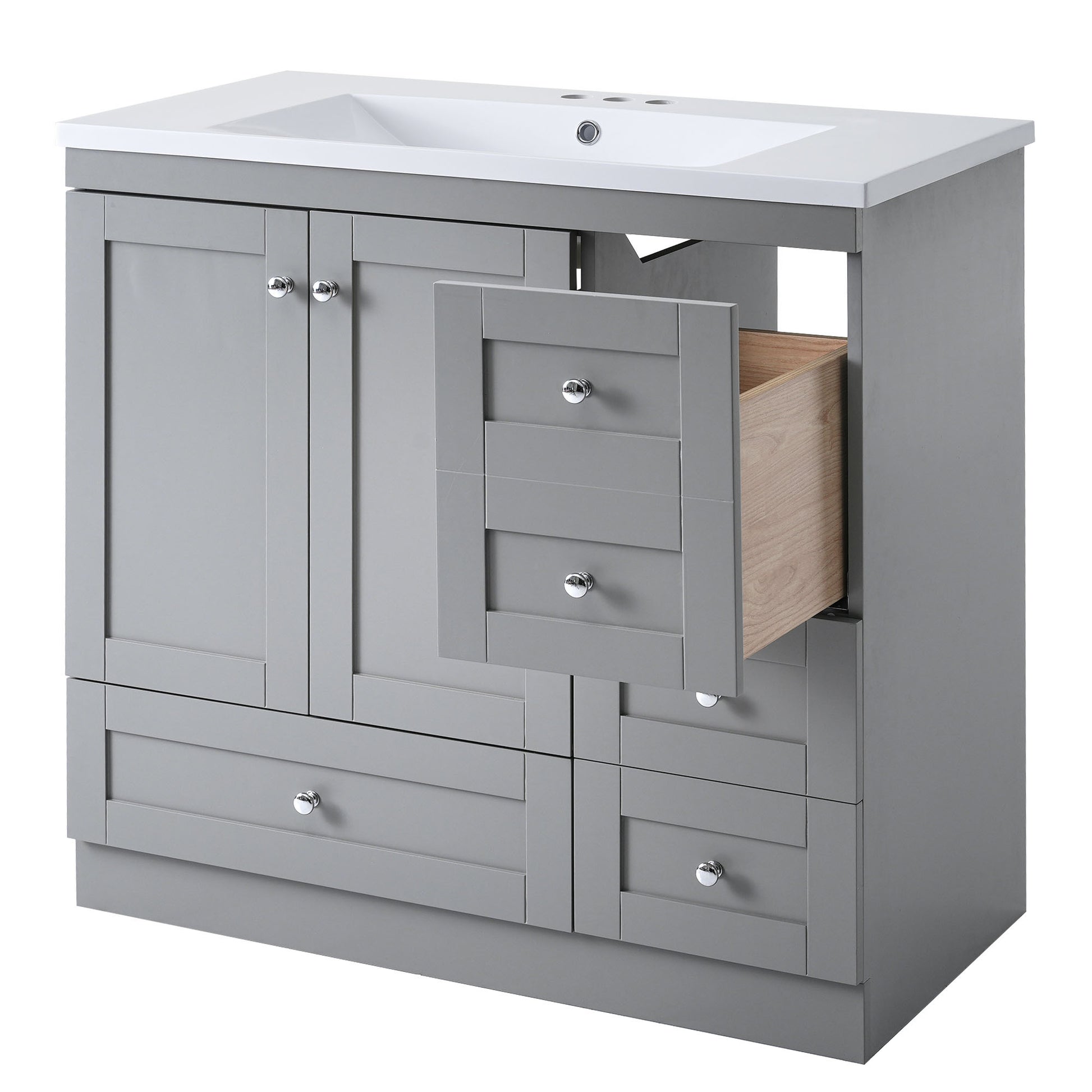 Video 36 Inch Shaker Style Free Standing Bathroom Vanity Cabinet With Sink, 4 Soft Close Drawers And 2 Soft Close Doors Gray Mdf