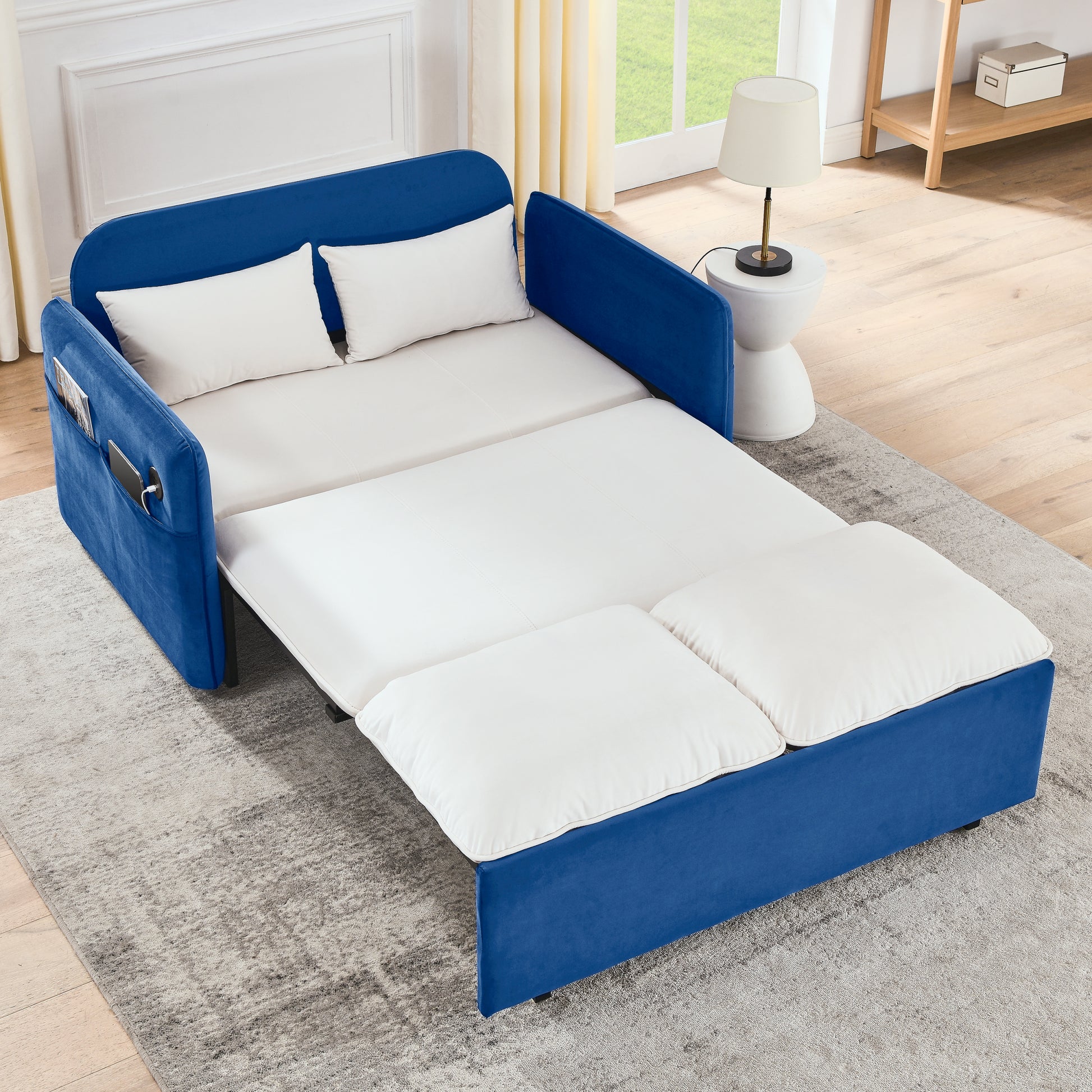 53" Modern Convertible Sofa Bed W 2 Removable Armrests W Usb Power Port, Velvet Recliner Adjustable Sofa W Head Pull Out Bed, 2 Pillows, For Living Room Apartment Etc., White Blue Beige Blue Foam Velvet