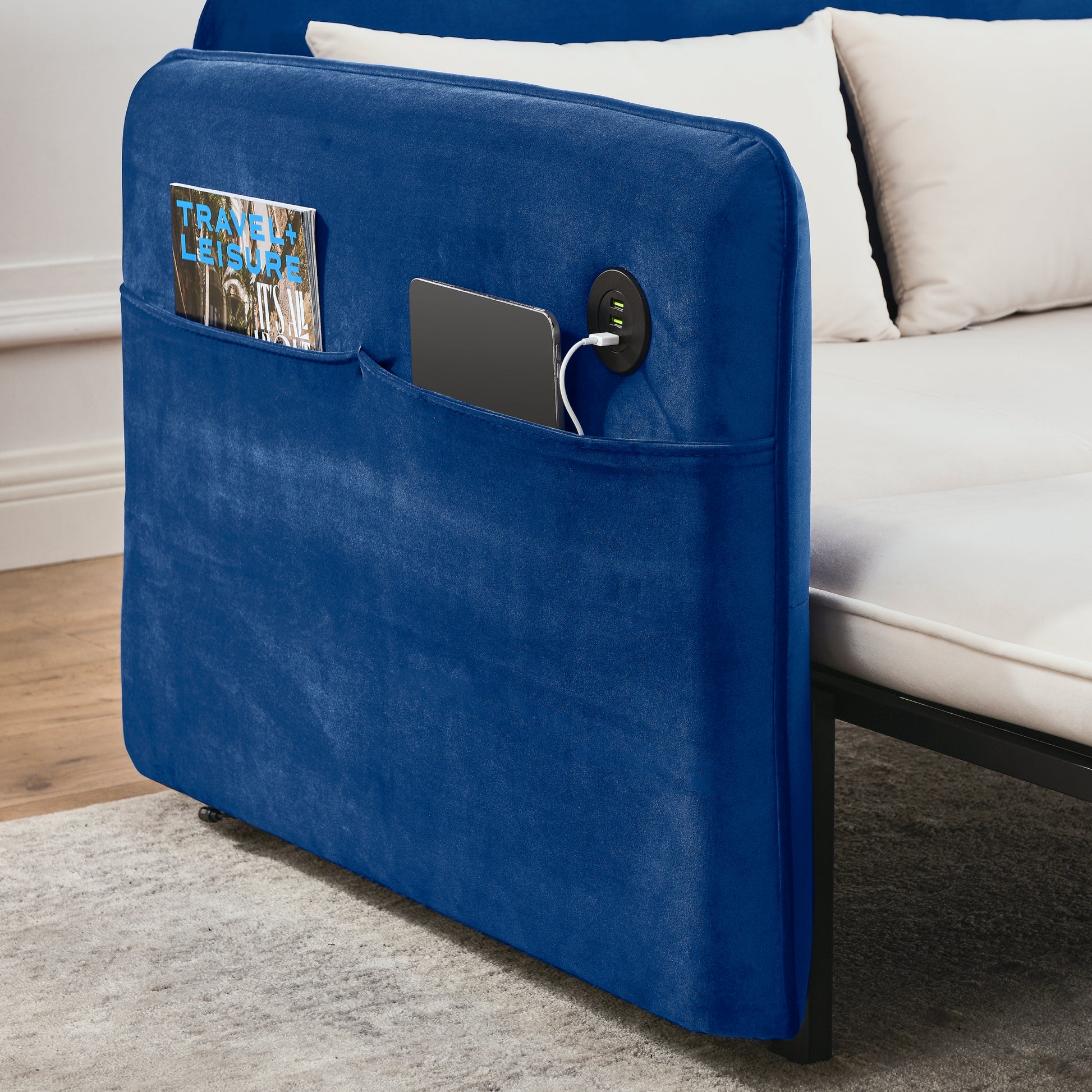 53" Modern Convertible Sofa Bed W 2 Removable Armrests W Usb Power Port, Velvet Recliner Adjustable Sofa W Head Pull Out Bed, 2 Pillows, For Living Room Apartment Etc., White Blue Beige Blue Foam Velvet