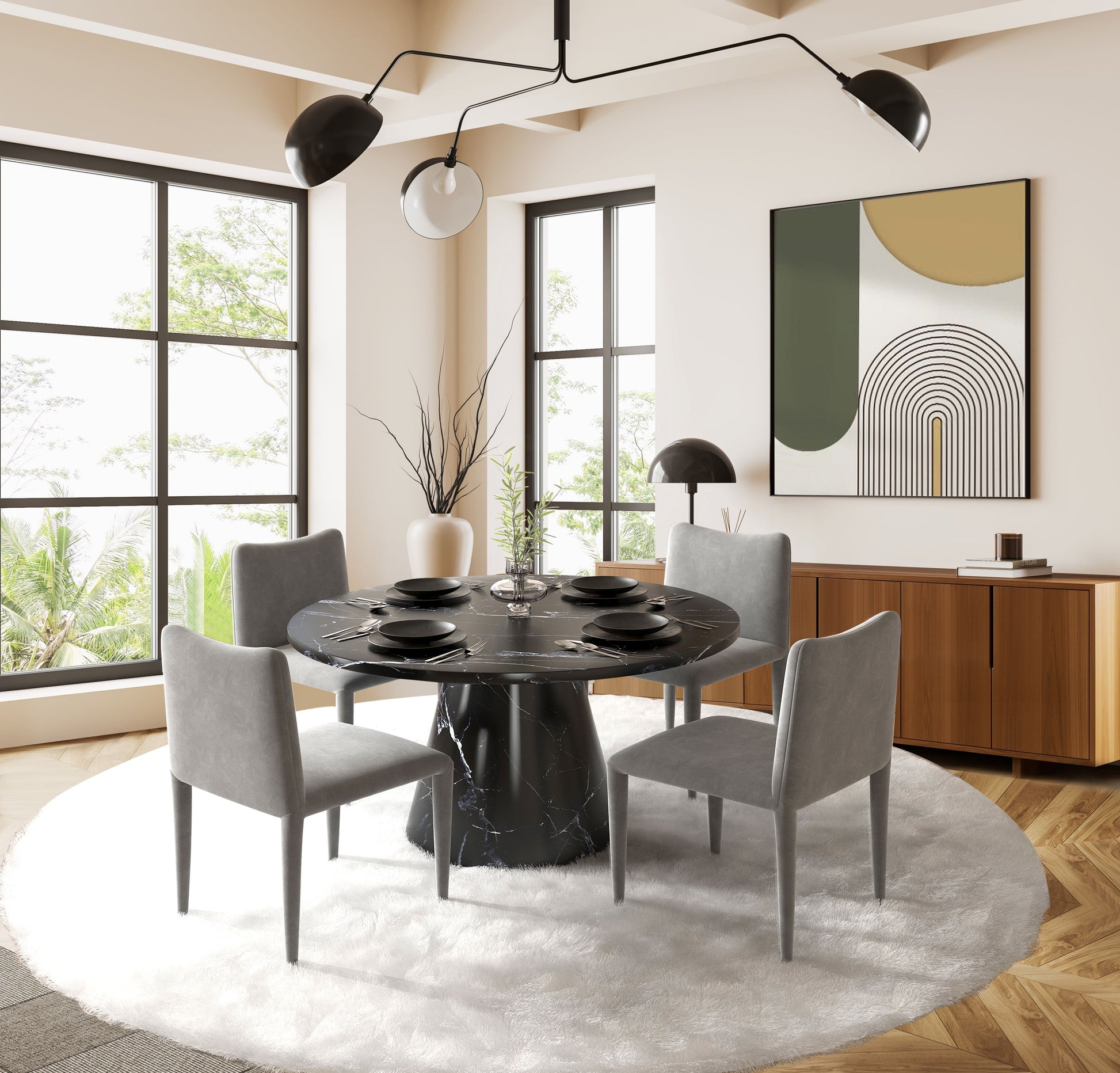 Hollis Dining Table, Engineering Stone Finish Dn02155 Black Mdf