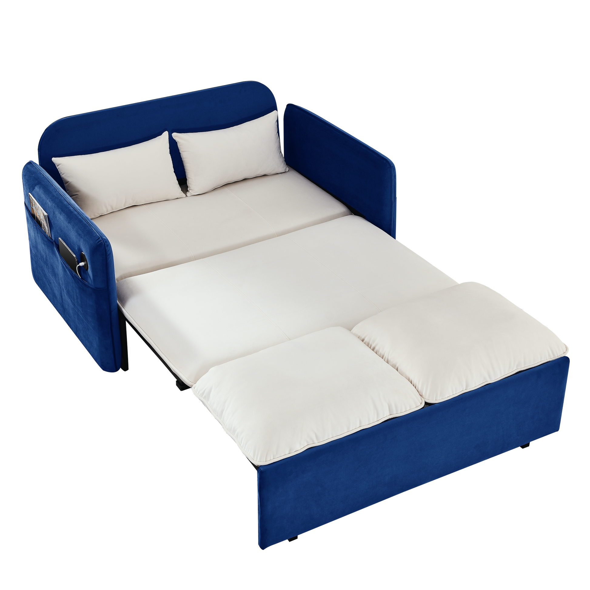 53" Modern Convertible Sofa Bed W 2 Removable Armrests W Usb Power Port, Velvet Recliner Adjustable Sofa W Head Pull Out Bed, 2 Pillows, For Living Room Apartment Etc., White Blue Beige Blue Foam Velvet
