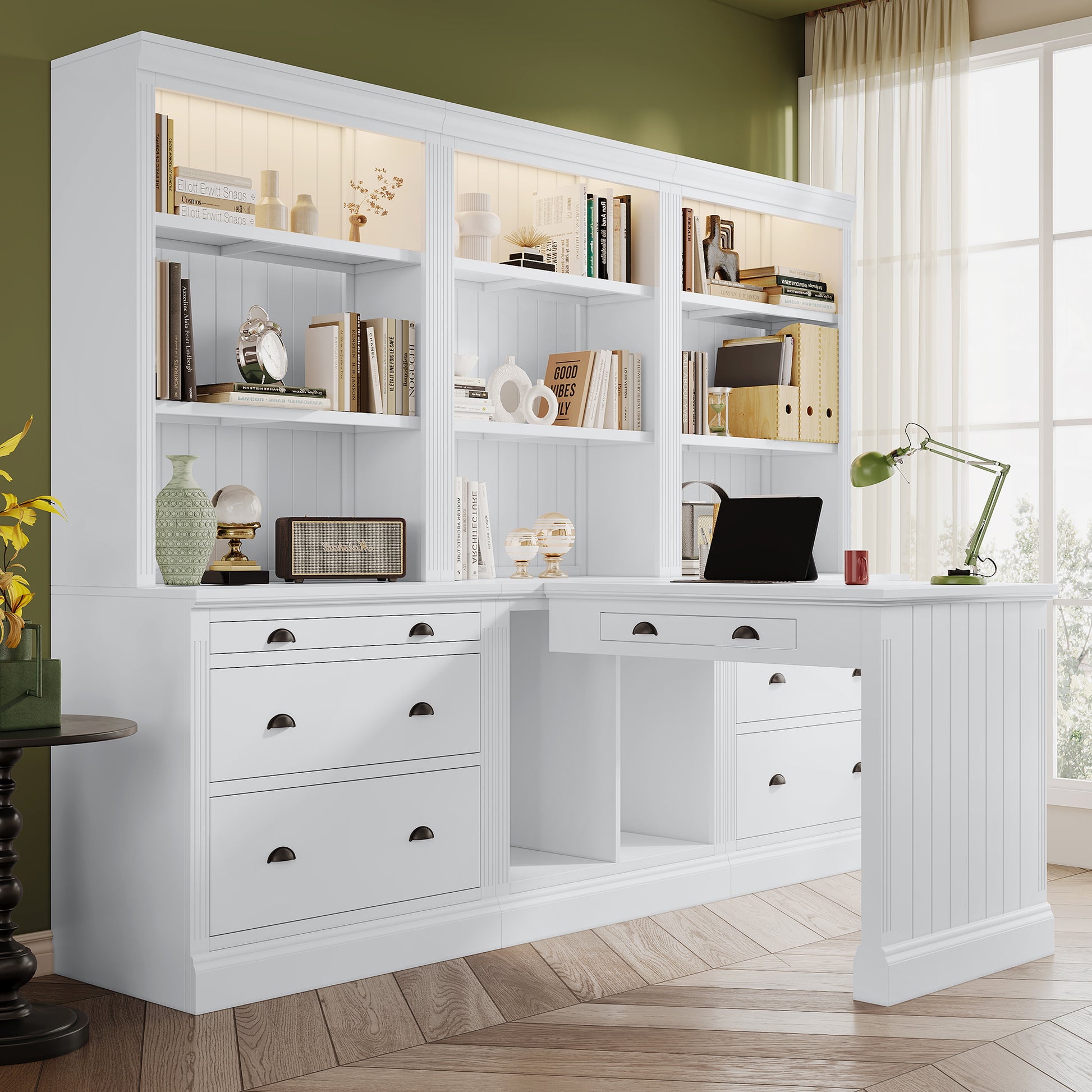 83.4"Tall 2 Bookshelf & 1 Writting Desk Suite,Modern Bookcase Suite With Led Lighting, Drawers,Study Desk And Open Shelves,3 Piece Set Storage Bookshelf For Living Room,Home Office,Study Room,White White Solid Wood Mdf