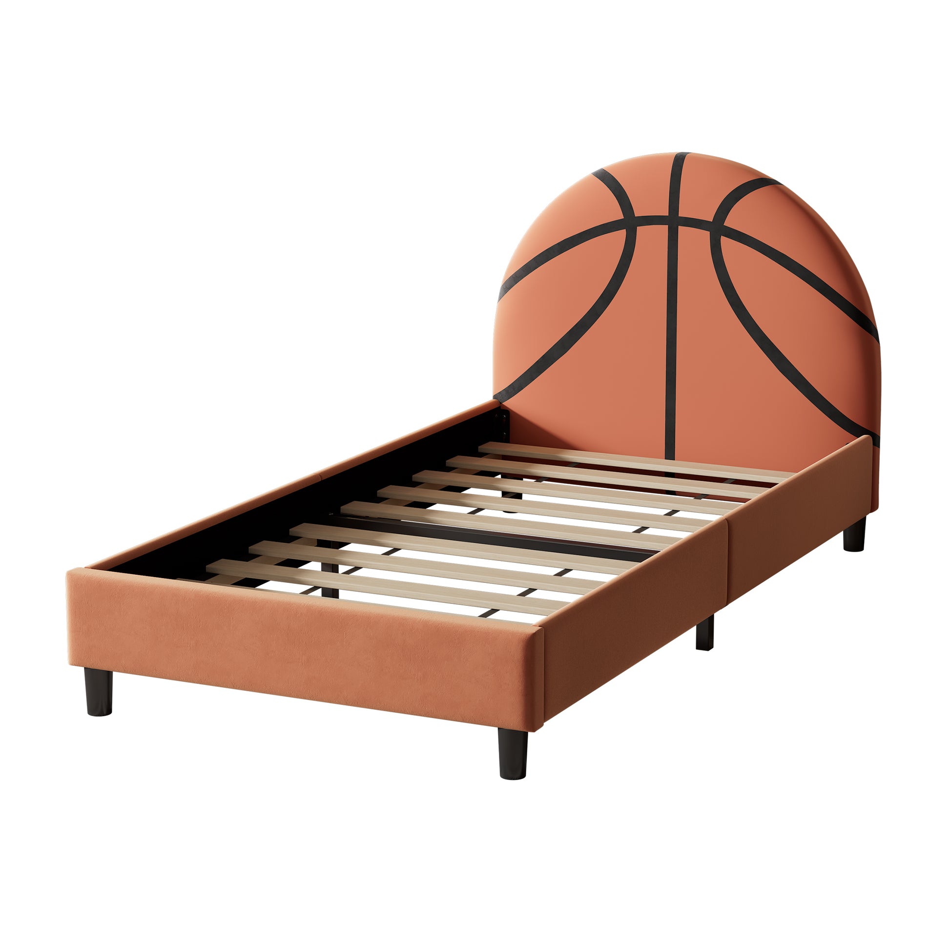 Basketball Design Upholstered Twin Platform Bed Sport Style Bed For Boys & Girls, Teens, Orange Box Spring Not Required Twin Orange Wood Bed Frame Velvet Velvet