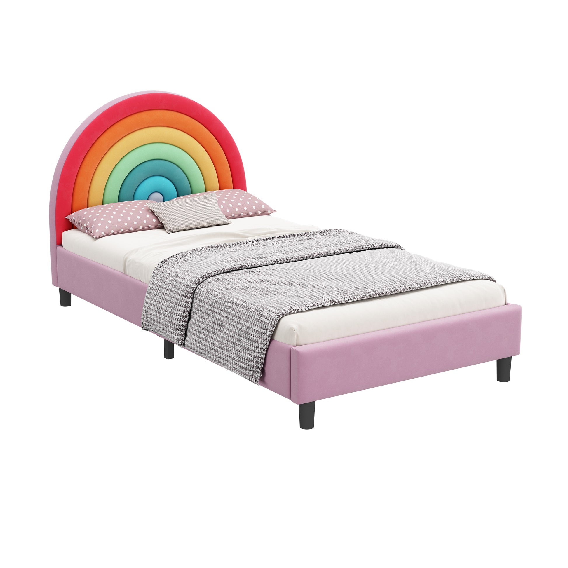 Rainbow Design Upholstered Twin Platform Bed Cute Style Princess Bed For Boys & Girls, Teens, Colorful & Pink Box Spring Not Required Twin Colorful Wood Bed Frame Velvet Velvet