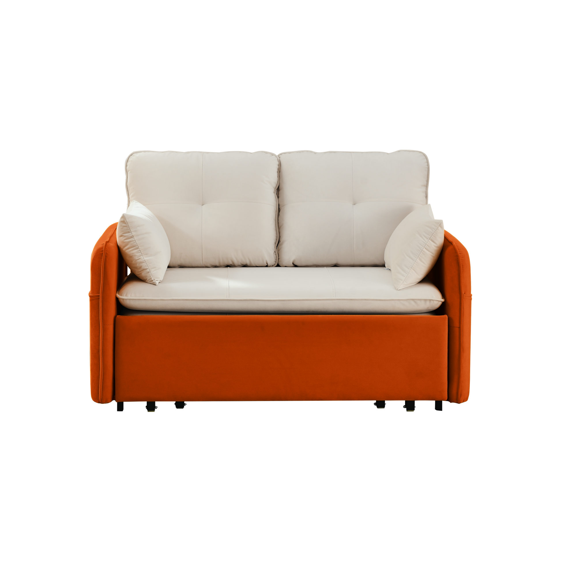 53" Modern Convertible Sofa Bed W 2 Removable Armrests W Usb Power Port, Velvet Recliner Adjustable Sofa W Head Pull Out Bed, 2 Pillows, For Living Room Apartment Etc., White Orange Beige Foam Velvet