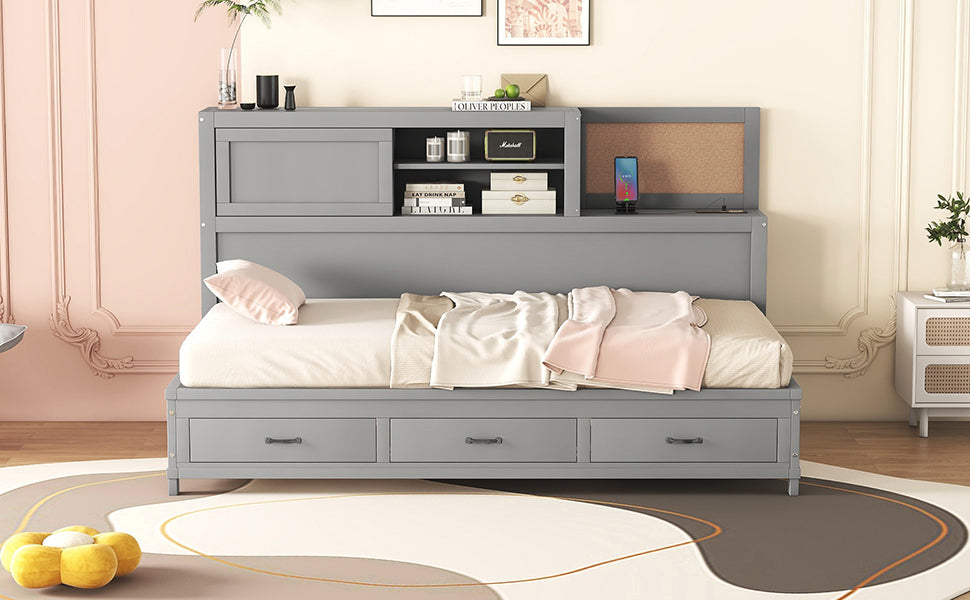 Twin Size Wooden Daybed With 3 Storage Drawers, Upper Soft Board, Shelf, And A Set Of Sockets And Usb Ports, Gray Gray Solid Wood Mdf