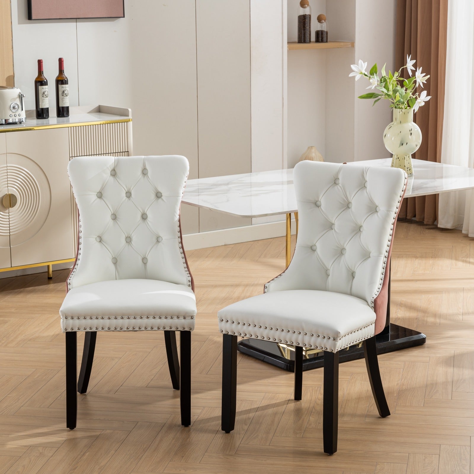 Nikki Collection Modern, High End Tufted Solid Wood Contemporary Pu And Velvet Upholstered Dining Chair With Wood Legs Trim 2 Pcs Set, White Pink, Sw2101Wp White Pink Dining Room American Design Foam Pu Leather