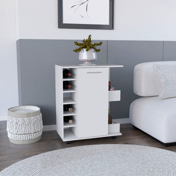 White 4 Wheel Bar Cart Cabinet For Kitchen Or Living Room, With 6 Side Built In Bottle Racks, 1 Interior Shelve, 2 Side Shelves, 2 Space With Wood Door To Store Glasses, Cups, Coffee Or Snacks. White White Contemporary,Modern Particle Board Engineered