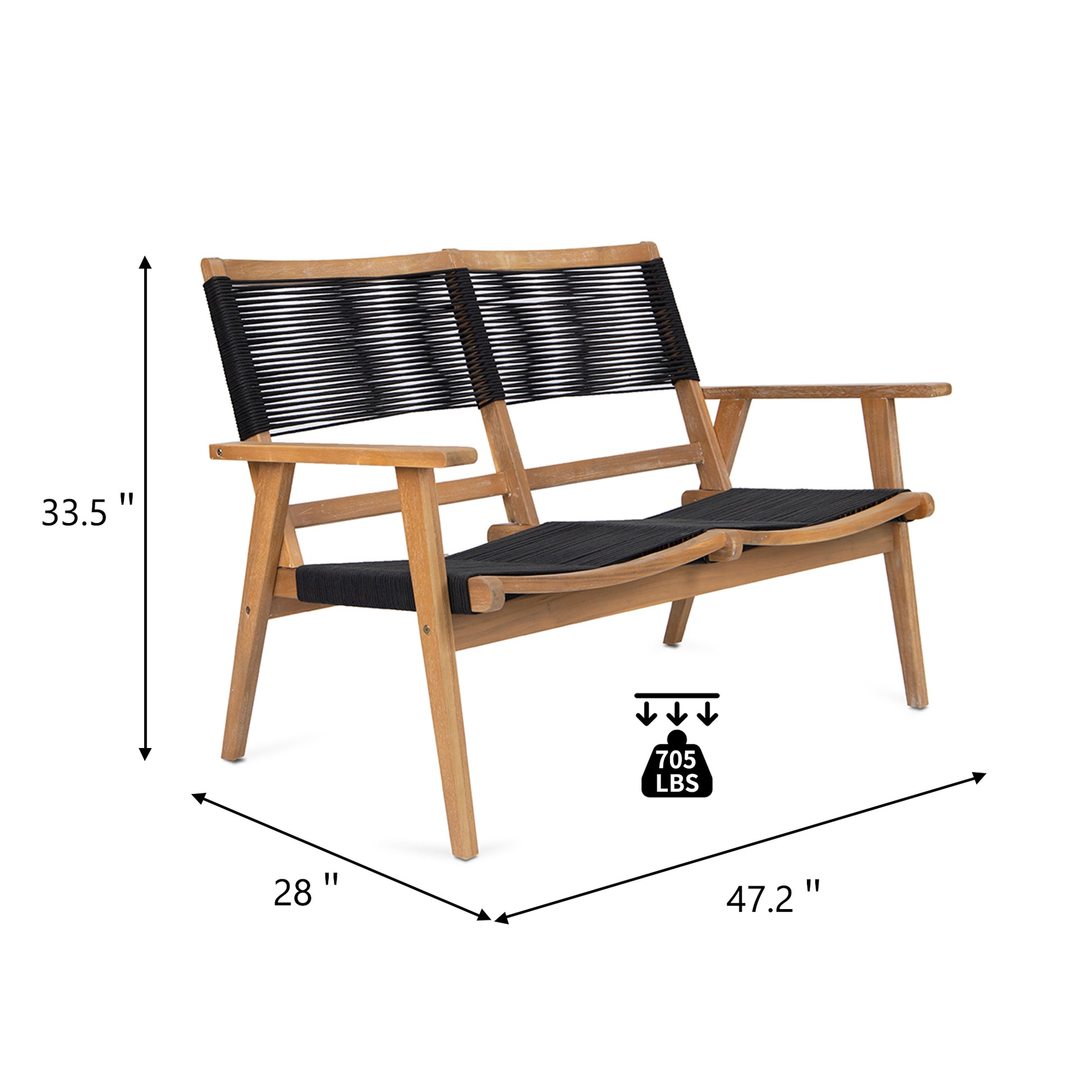 Patio Furniture Chair Black Rope Furniture Chairs 2 Seat Chair,Outdoor Conversation Sectional For Backyard Poolside, Garden Black Brown Garden & Outdoor Modern 2 Person Seating Group Acacia Wood