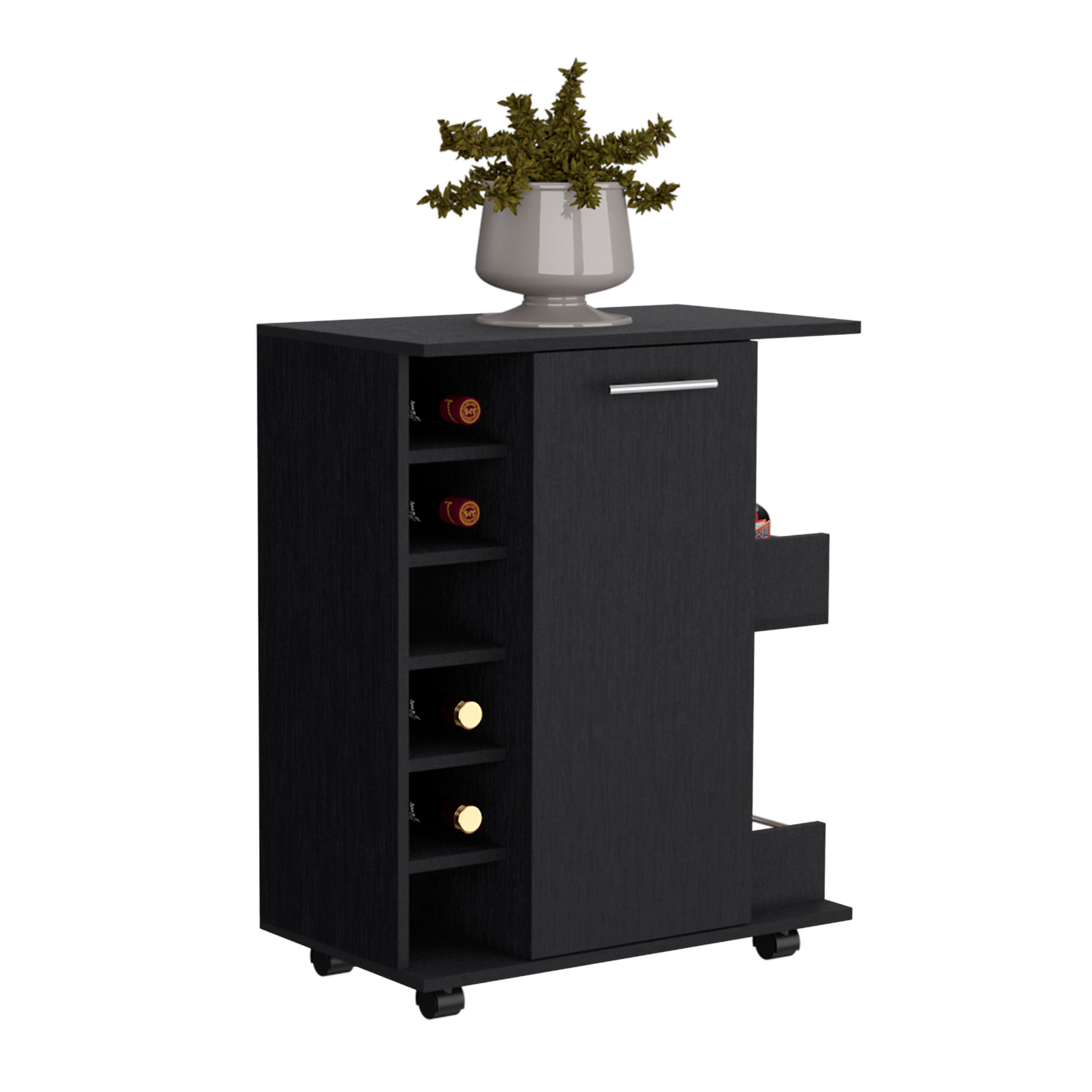 Black 4 Wheel Bar Cart Cabinet For Kitchen Or Living Room, With 6 Side Built In Bottle Racks, 1 Interior Shelve, 2 Side Shelves, 2 Space With Wood Door To Store Glasses, Cups, Coffee Or Snacks Black Particle Board Engineered Wood