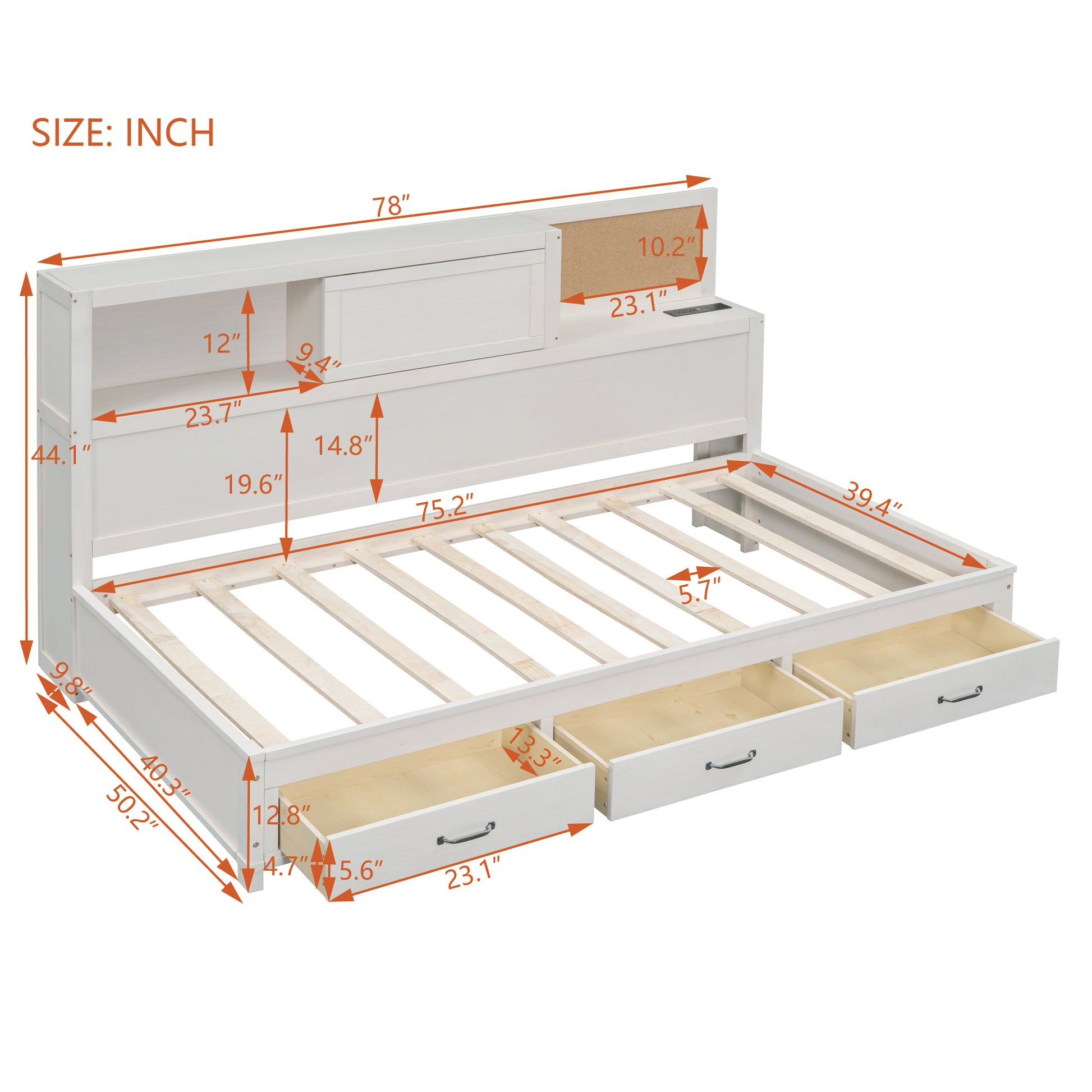 Twin Size Wooden Daybed With 3 Storage Drawers, Upper Soft Board, Shelf, And A Set Of Sockets And Usb Ports, White White Solid Wood Mdf