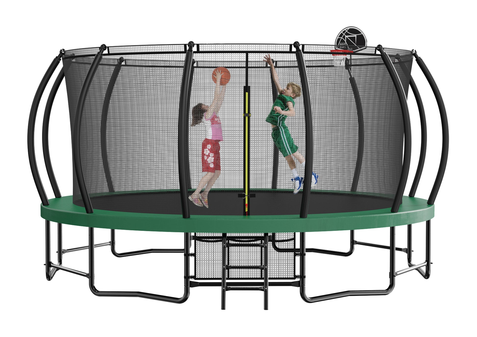 15Ft Trampoline With Basketball Hoop Recreational Trampolines With Ladder ,Shoe Bag And Galvanized Anti Rust Coating Army Green Steel