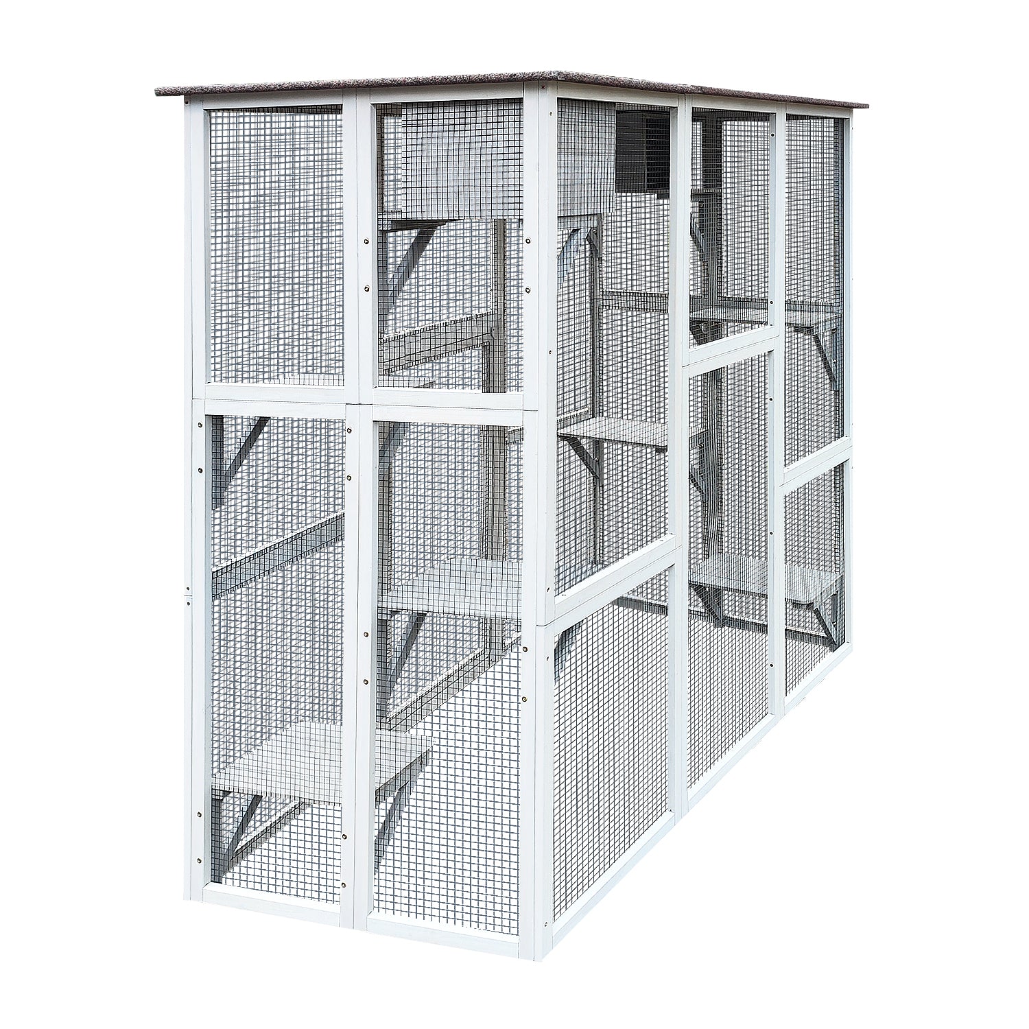 Wooden Catio Cat Enclosure, 71" Gray Cat House Weatherproof Asphalt Roof, Large Solid Wood Cat Cage With 6 Jumping Platforms & 2 Napping Houses, Walk In Cat Kennel Condo Shelter Gray Wood