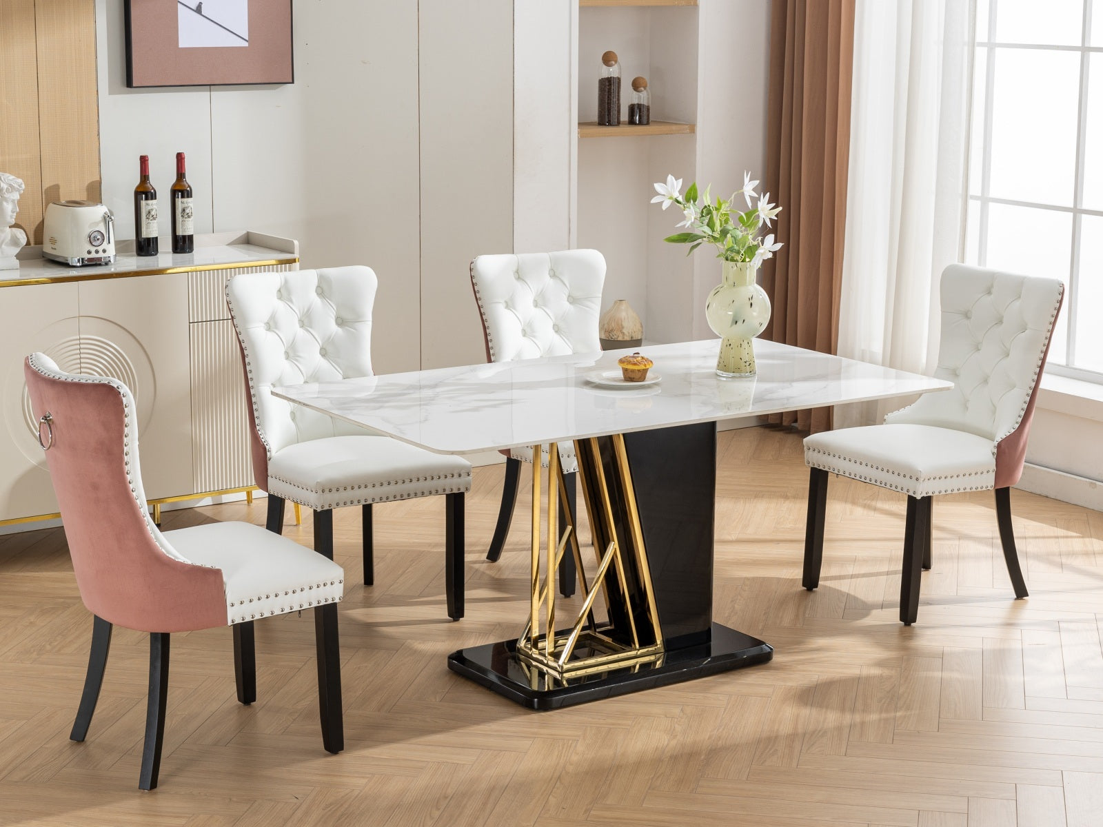 Nikki Collection Modern, High End Tufted Solid Wood Contemporary Pu And Velvet Upholstered Dining Chair With Wood Legs Trim 2 Pcs Set, White Pink, Sw2101Wp White Pink Dining Room American Design Foam Pu Leather