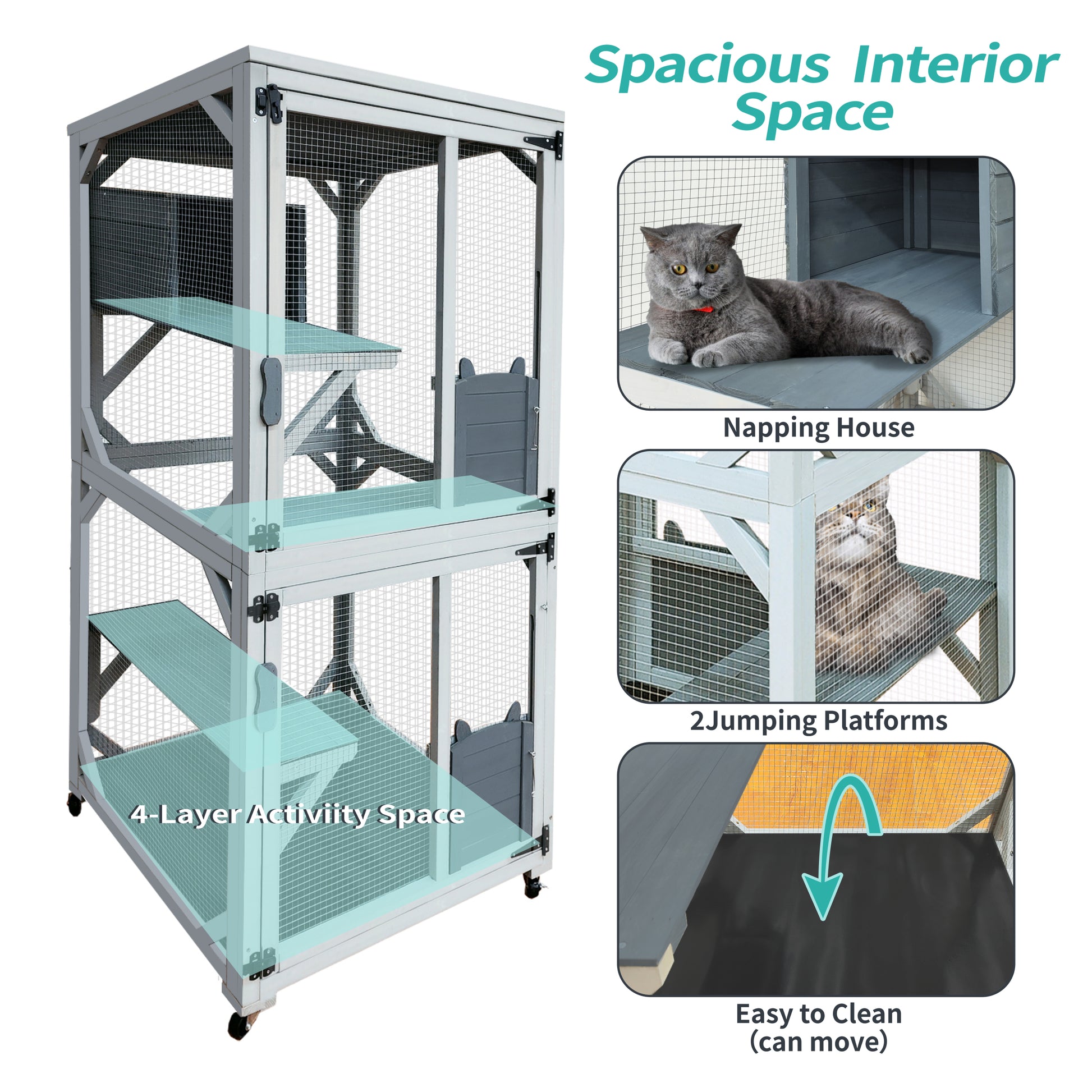 30.7" Wooden Catio Cat Enclosure, Luxury Cat House On Wheels With Napping House, 4 Platforms & Weatherproof Asphalt Roof, Large Kitty Cat Condo Cage Shelter Playpen With Sliding Doors Gray Wood