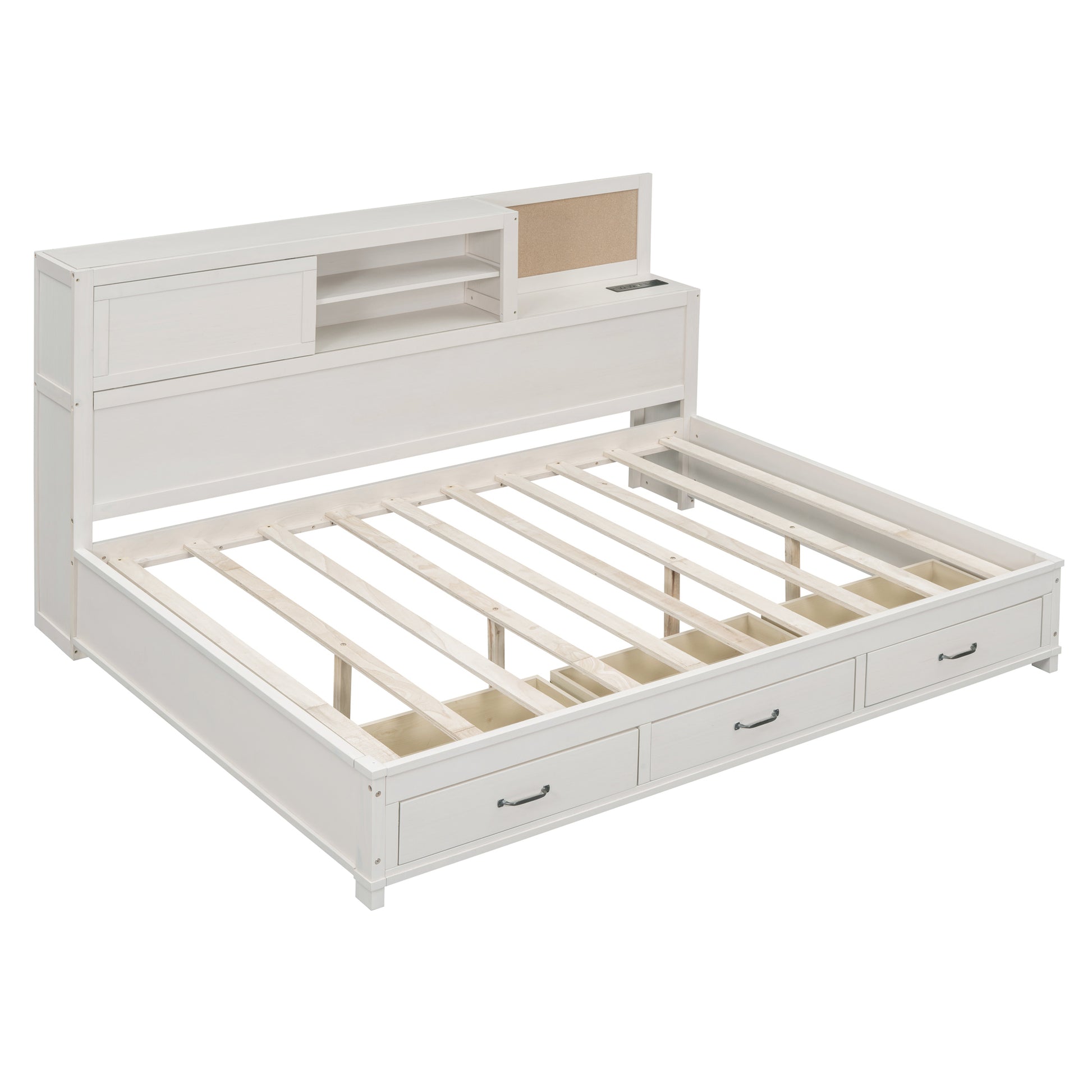 Full Size Wooden Daybed With 3 Storage Drawers, Upper Soft Board, Shelf, And A Set Of Sockets And Usb Ports, White White Solid Wood Mdf