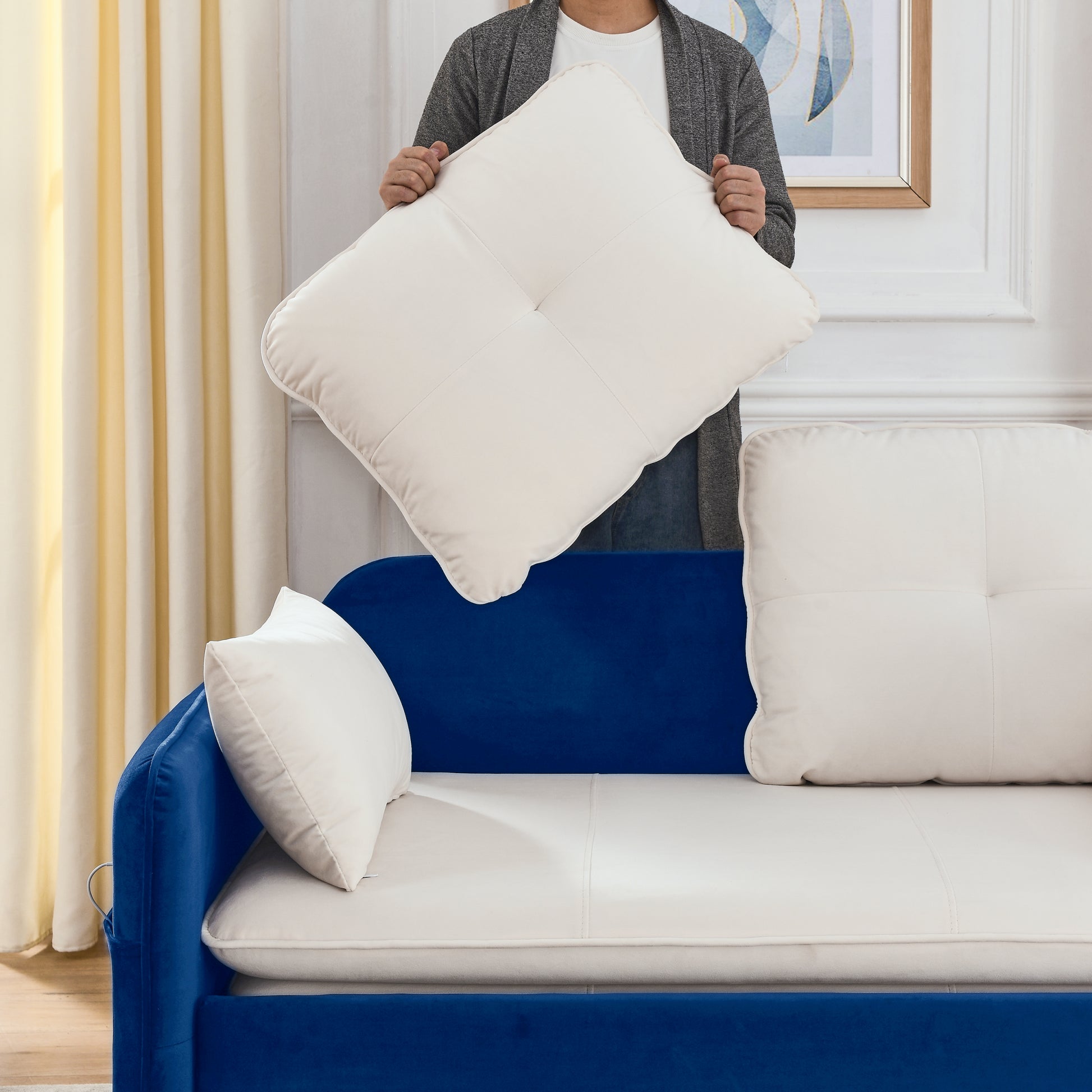53" Modern Convertible Sofa Bed W 2 Removable Armrests W Usb Power Port, Velvet Recliner Adjustable Sofa W Head Pull Out Bed, 2 Pillows, For Living Room Apartment Etc., White Blue Beige Blue Foam Velvet