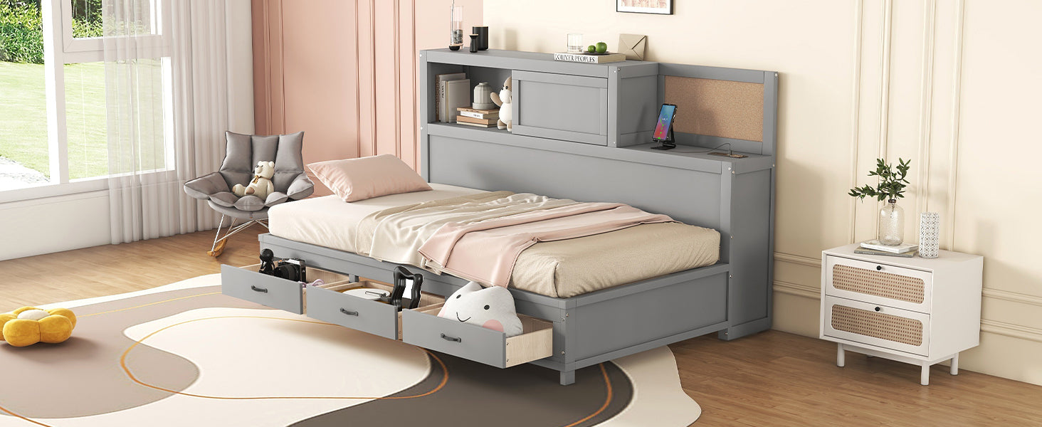 Twin Size Wooden Daybed With 3 Storage Drawers, Upper Soft Board, Shelf, And A Set Of Sockets And Usb Ports, Gray Gray Solid Wood Mdf