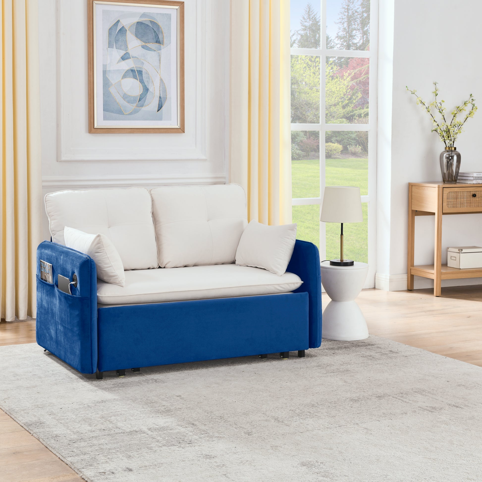53" Modern Convertible Sofa Bed W 2 Removable Armrests W Usb Power Port, Velvet Recliner Adjustable Sofa W Head Pull Out Bed, 2 Pillows, For Living Room Apartment Etc., White Blue Beige Blue Foam Velvet