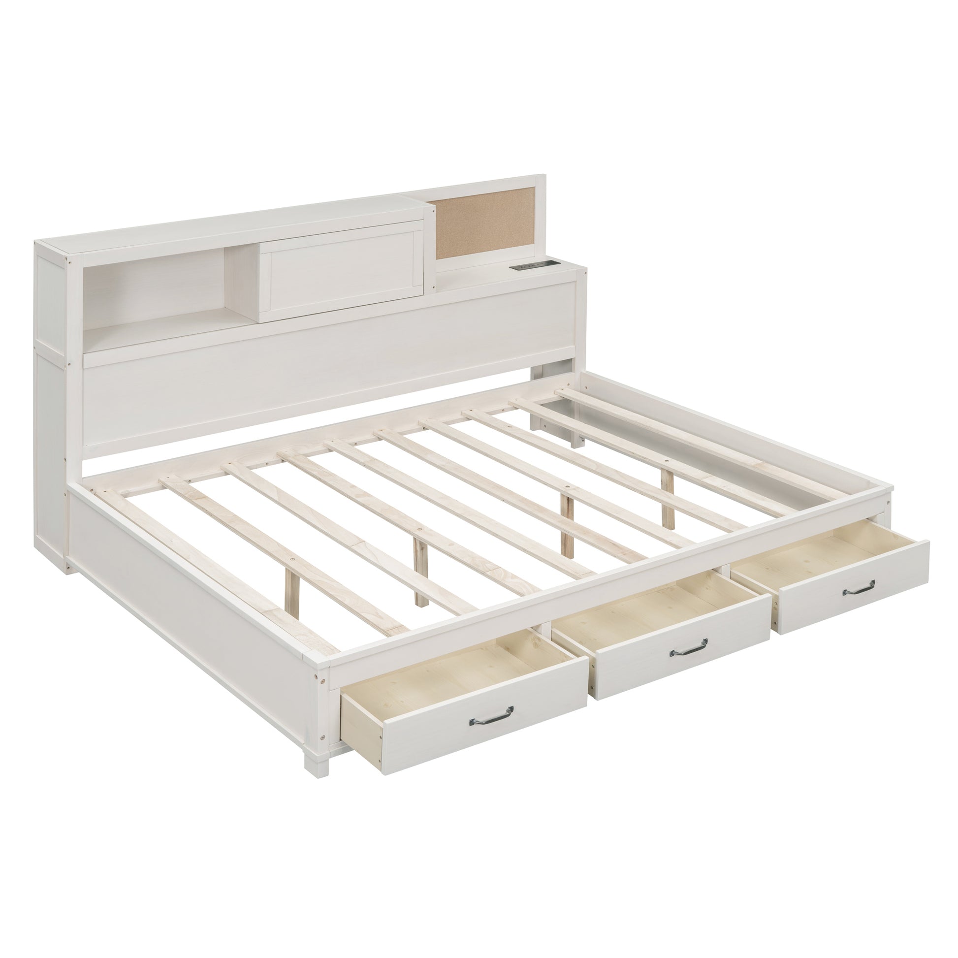 Full Size Wooden Daybed With 3 Storage Drawers, Upper Soft Board, Shelf, And A Set Of Sockets And Usb Ports, White White Solid Wood Mdf