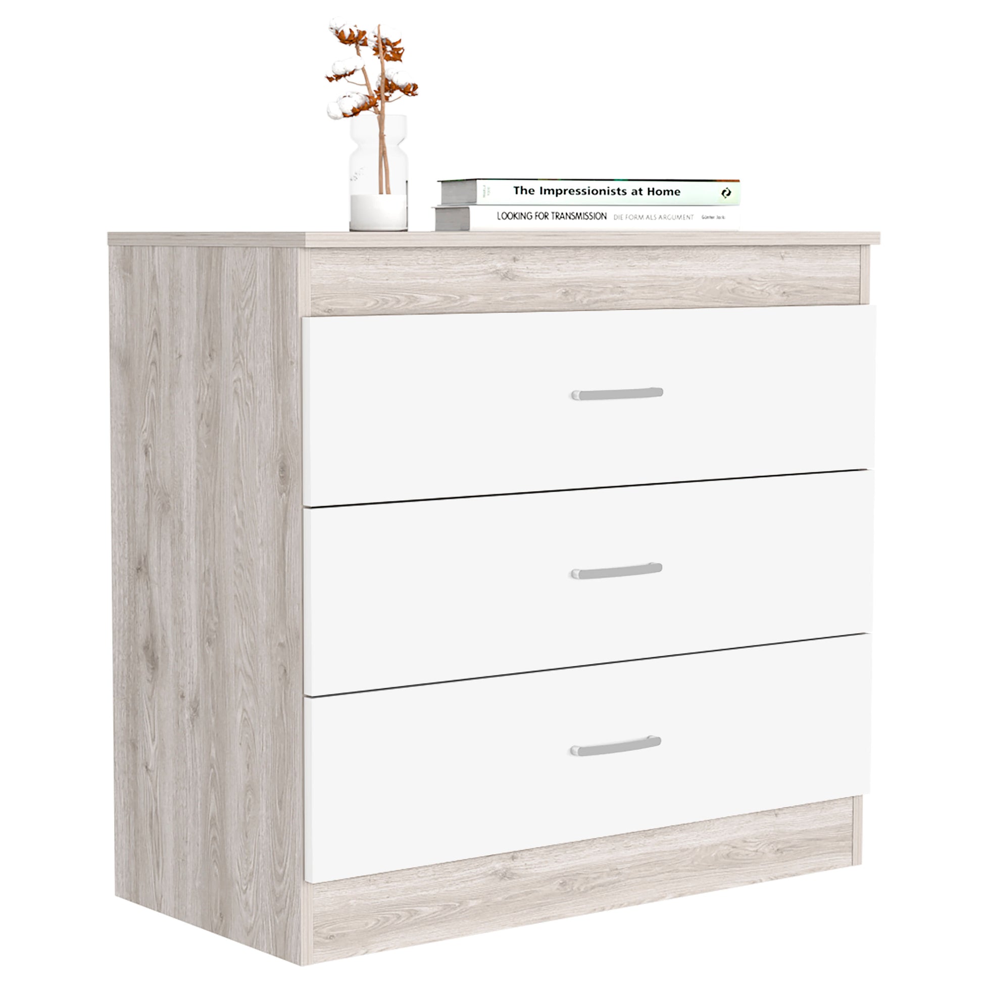 Dresser 29"H, Three Drawers, Metal Hardware, Superior Top, Light Gray White Multicolor Particle Board Particle Board