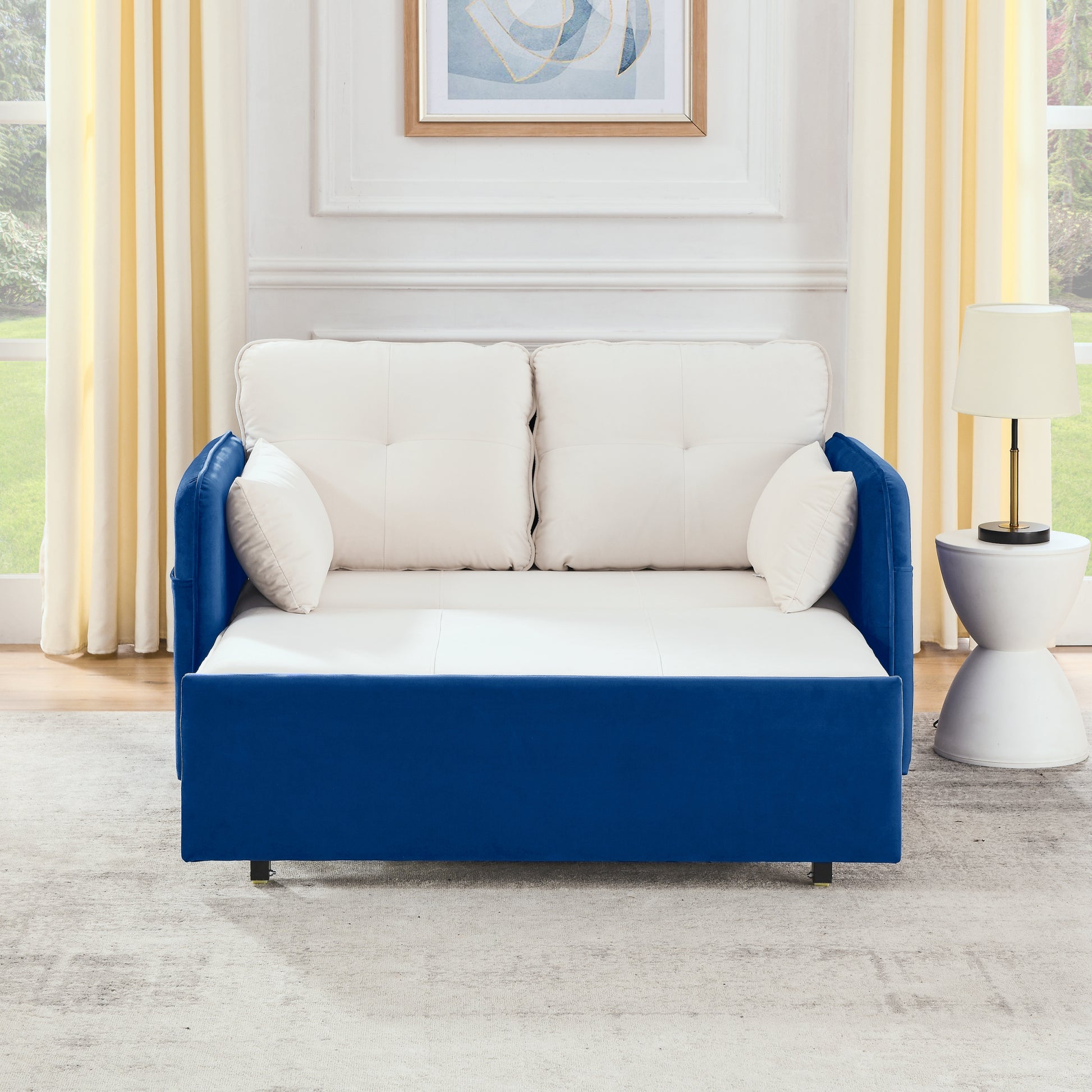 53" Modern Convertible Sofa Bed W 2 Removable Armrests W Usb Power Port, Velvet Recliner Adjustable Sofa W Head Pull Out Bed, 2 Pillows, For Living Room Apartment Etc., White Blue Beige Blue Foam Velvet