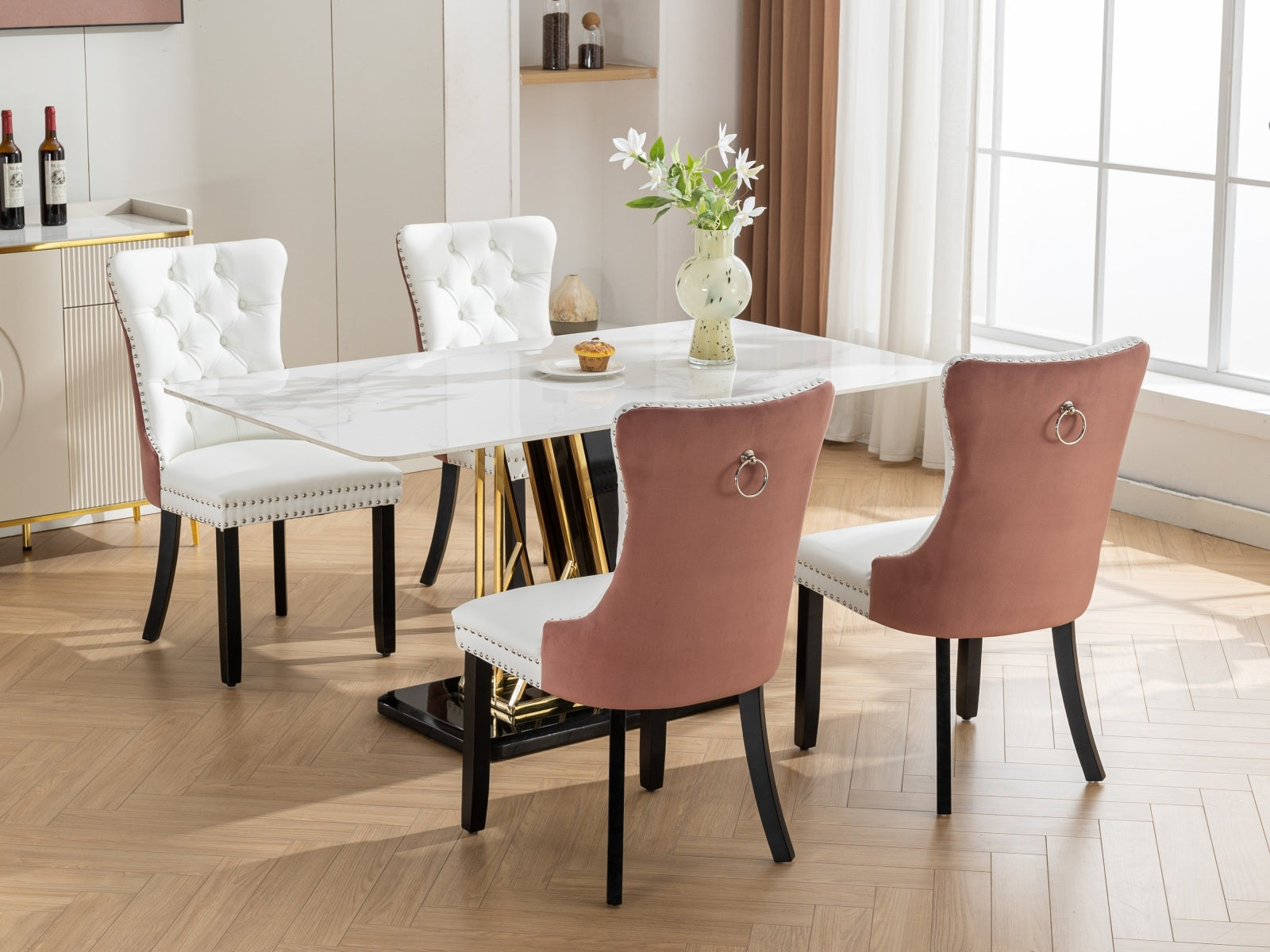 Nikki Collection Modern, High End Tufted Solid Wood Contemporary Pu And Velvet Upholstered Dining Chair With Wood Legs Trim 2 Pcs Set, White Pink, Sw2101Wp White Pink Dining Room American Design Foam Pu Leather