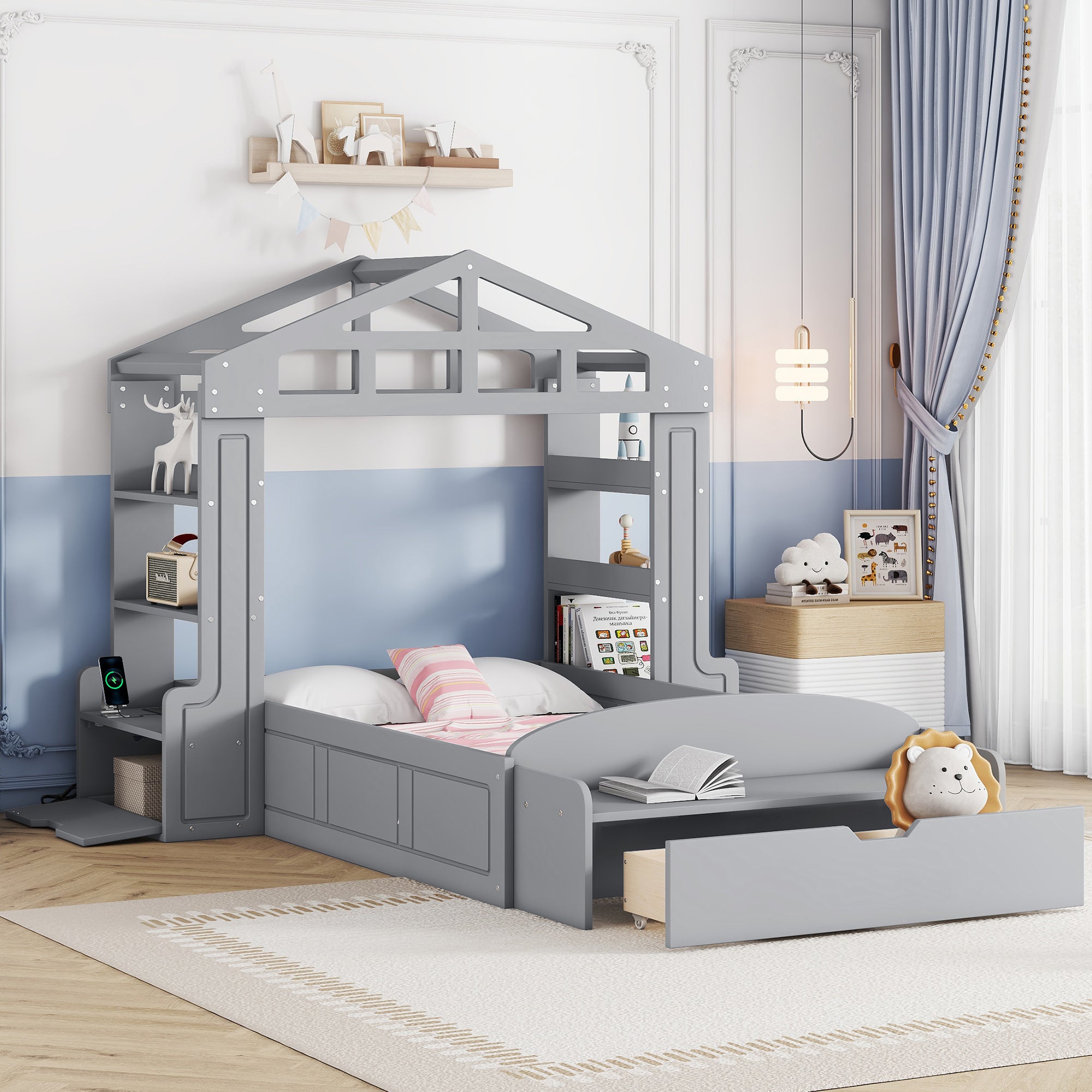 Twin Size House Bed With Bench, Socket And Shelves, Gray Gray Solid Wood Mdf