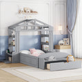 Twin Size House Bed With Bench, Socket And Shelves, Gray Gray Solid Wood Mdf