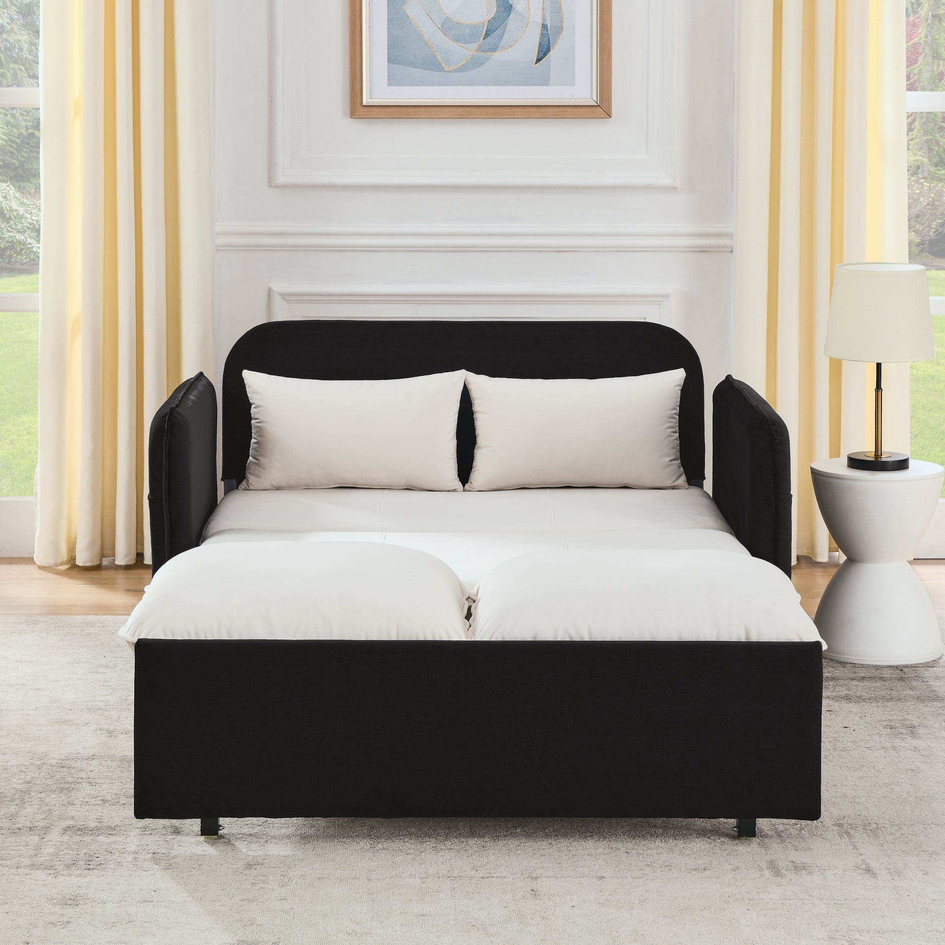 53" Modern Convertible Sofa Bed W 2 Removable Armrests W Usb Power Port, Velvet Recliner Adjustable Sofa W Head Pull Out Bed, 2 Pillows, For Living Room Apartment Etc., White Black Beige Black Foam Velvet