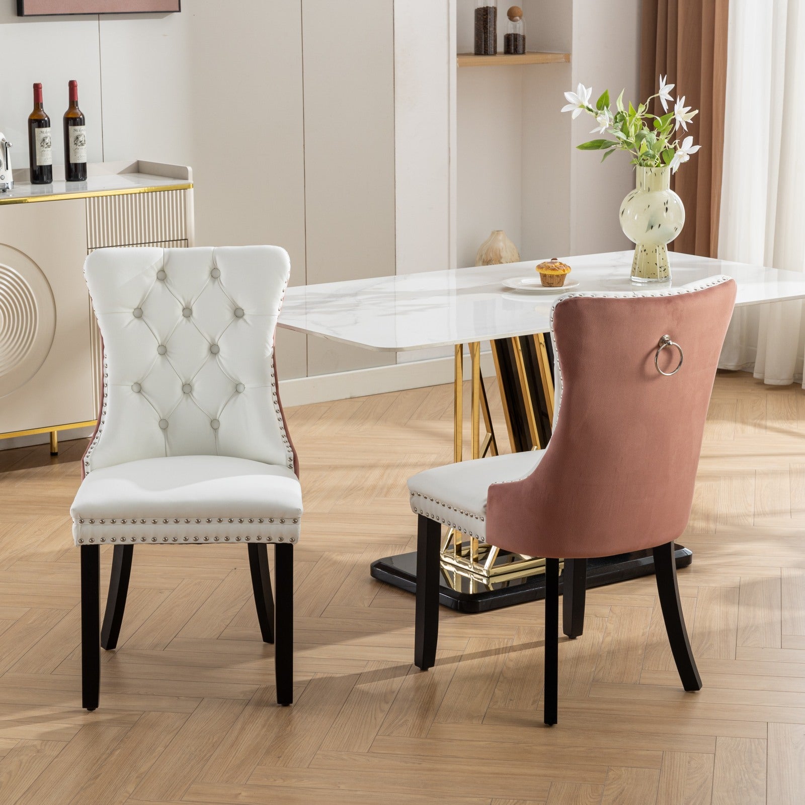 Nikki Collection Modern, High End Tufted Solid Wood Contemporary Pu And Velvet Upholstered Dining Chair With Wood Legs Trim 2 Pcs Set, White Pink, Sw2101Wp White Pink Dining Room American Design Foam Pu Leather