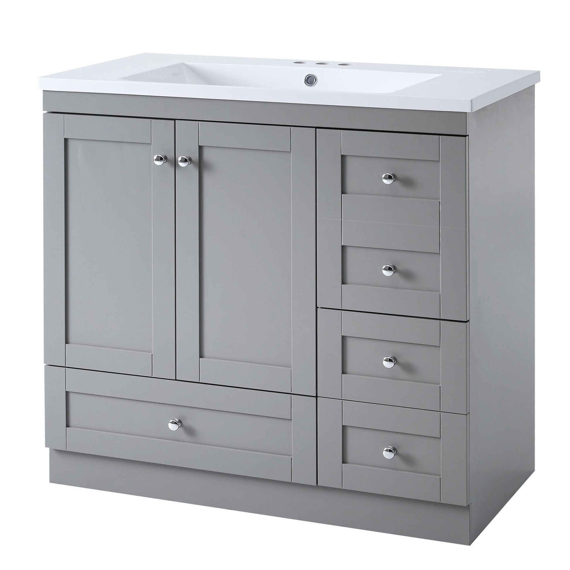 Video 36 Inch Shaker Style Free Standing Bathroom Vanity Cabinet With Sink, 4 Soft Close Drawers And 2 Soft Close Doors Gray Mdf