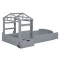 Twin Size House Bed With Bench, Socket And Shelves, Gray Gray Solid Wood Mdf