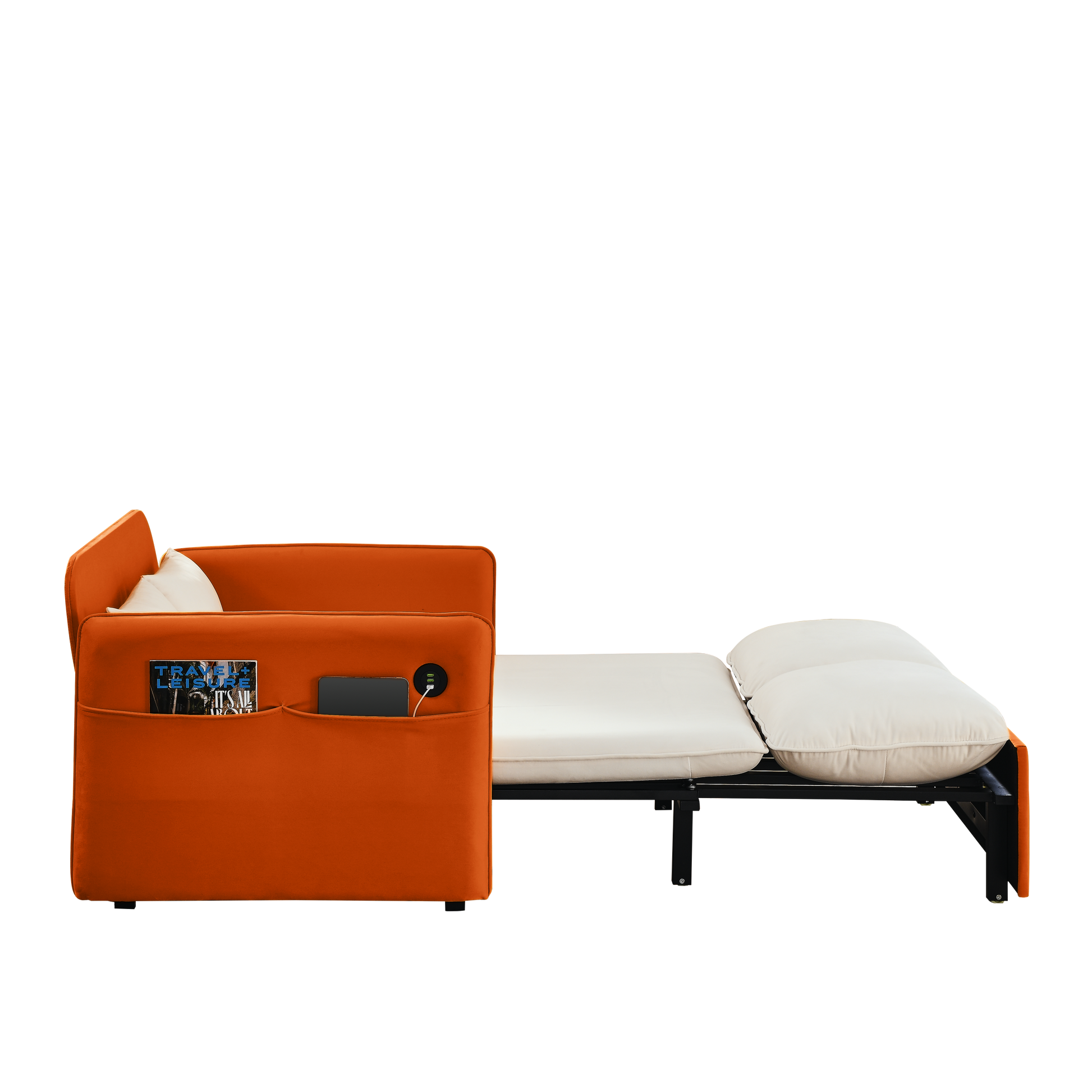53" Modern Convertible Sofa Bed W 2 Removable Armrests W Usb Power Port, Velvet Recliner Adjustable Sofa W Head Pull Out Bed, 2 Pillows, For Living Room Apartment Etc., White Orange Beige Foam Velvet