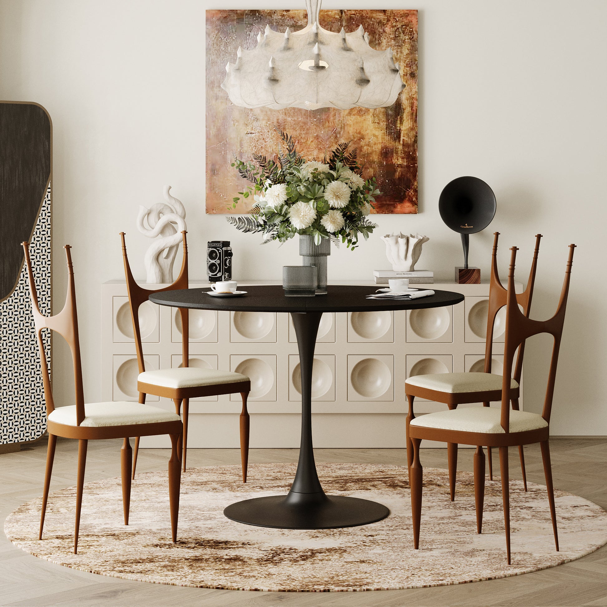 42.13"Modern Round Dining Table,Four Patchwork Tabletops With Black Solid Wood Veneer Table Top,Metal Base Dining Table, End Table Leisure Coffee Table Black Mdf Metal