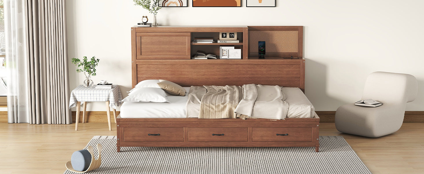 Full Size Wooden Daybed With 3 Storage Drawers, Upper Soft Board, Shelf, And A Set Of Sockets And Usb Ports, Brown Brown Solid Wood Mdf