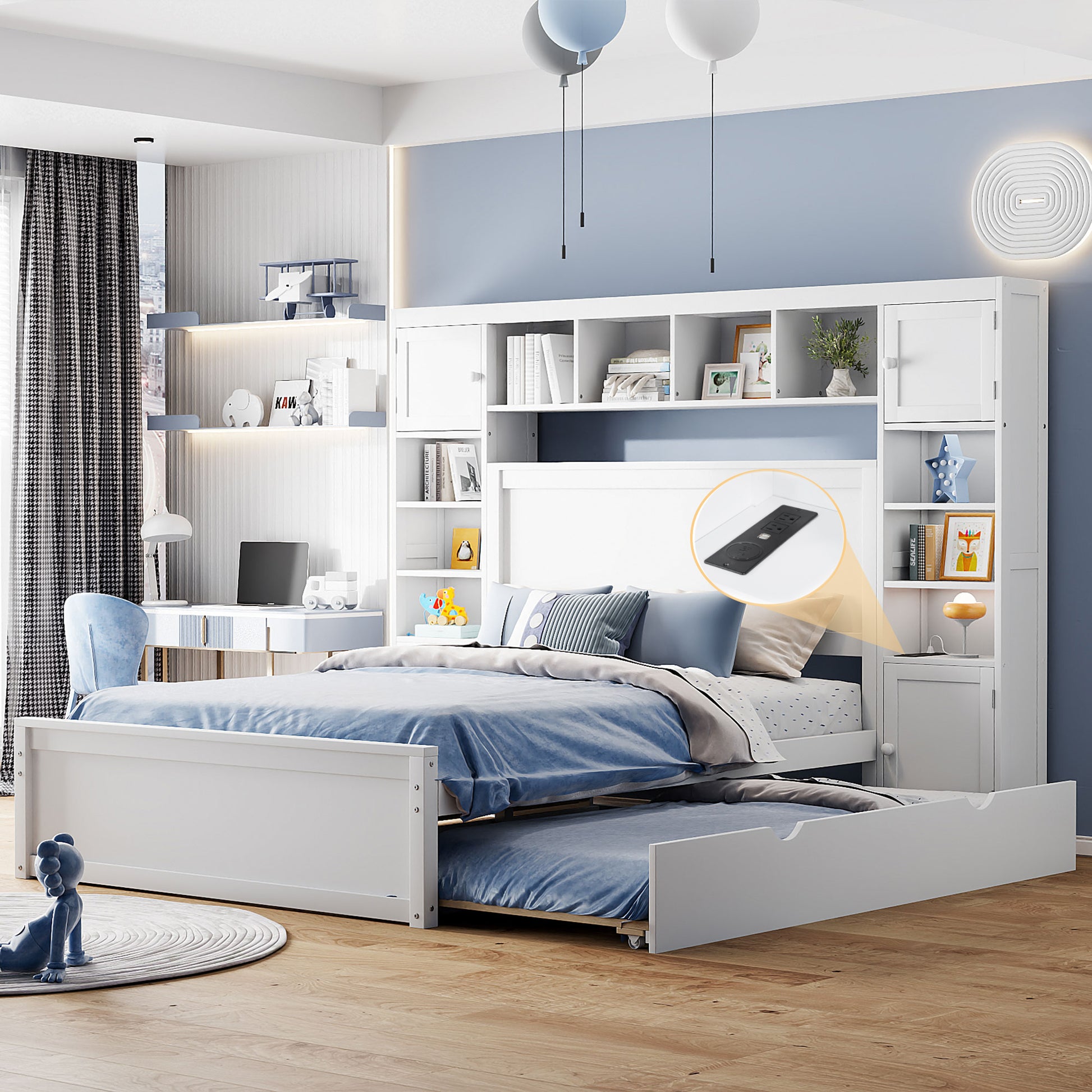 Full Size Wooden Bed With All In One Cabinet, Shelf And Sockets,Twin Size Trundle, White Full White Solid Wood